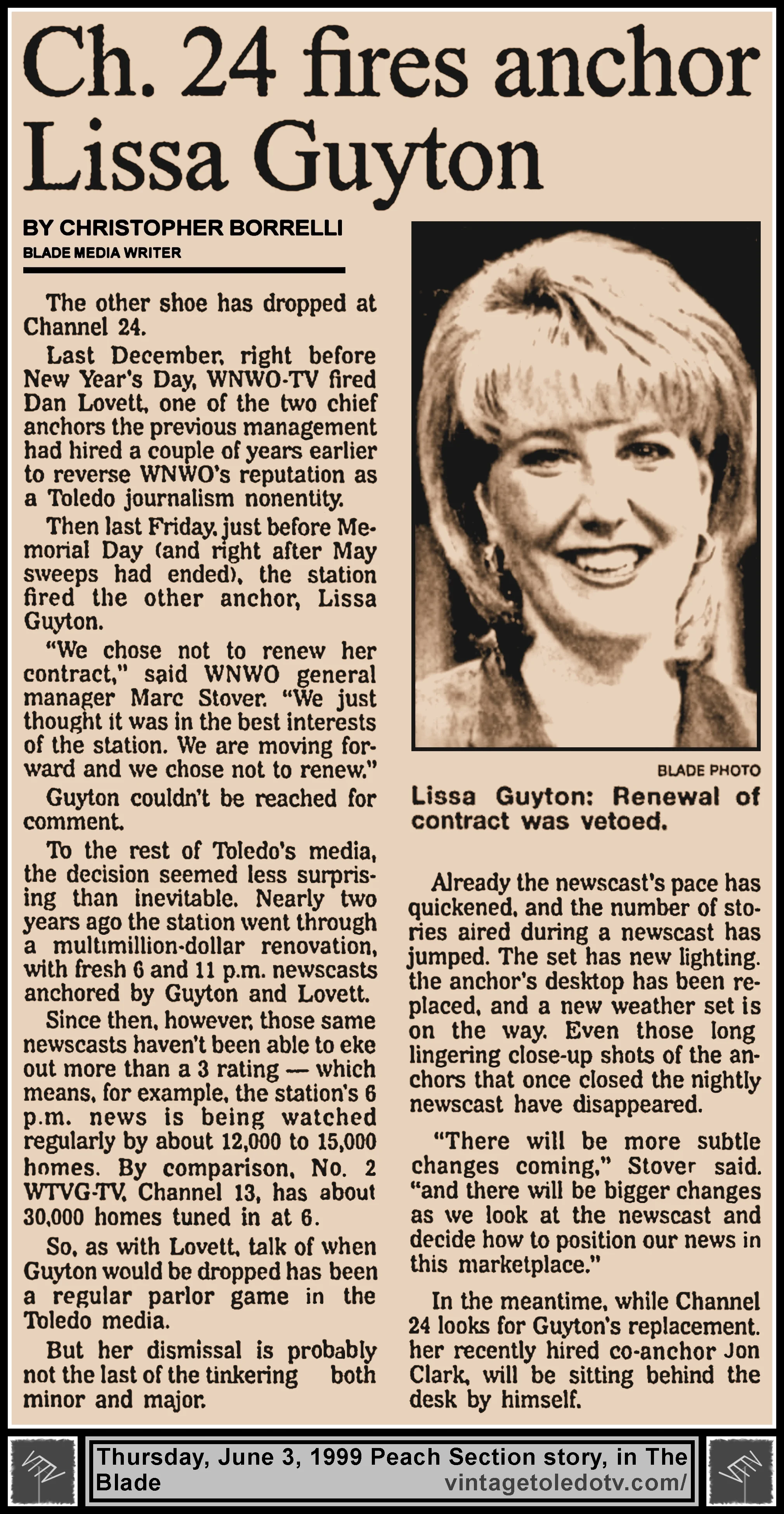 "Ch. 24 Fires Anchor Lissa Guyton" by Christopher Borrelli, in The Blade's Thursday, 6/3/99 Peach Section