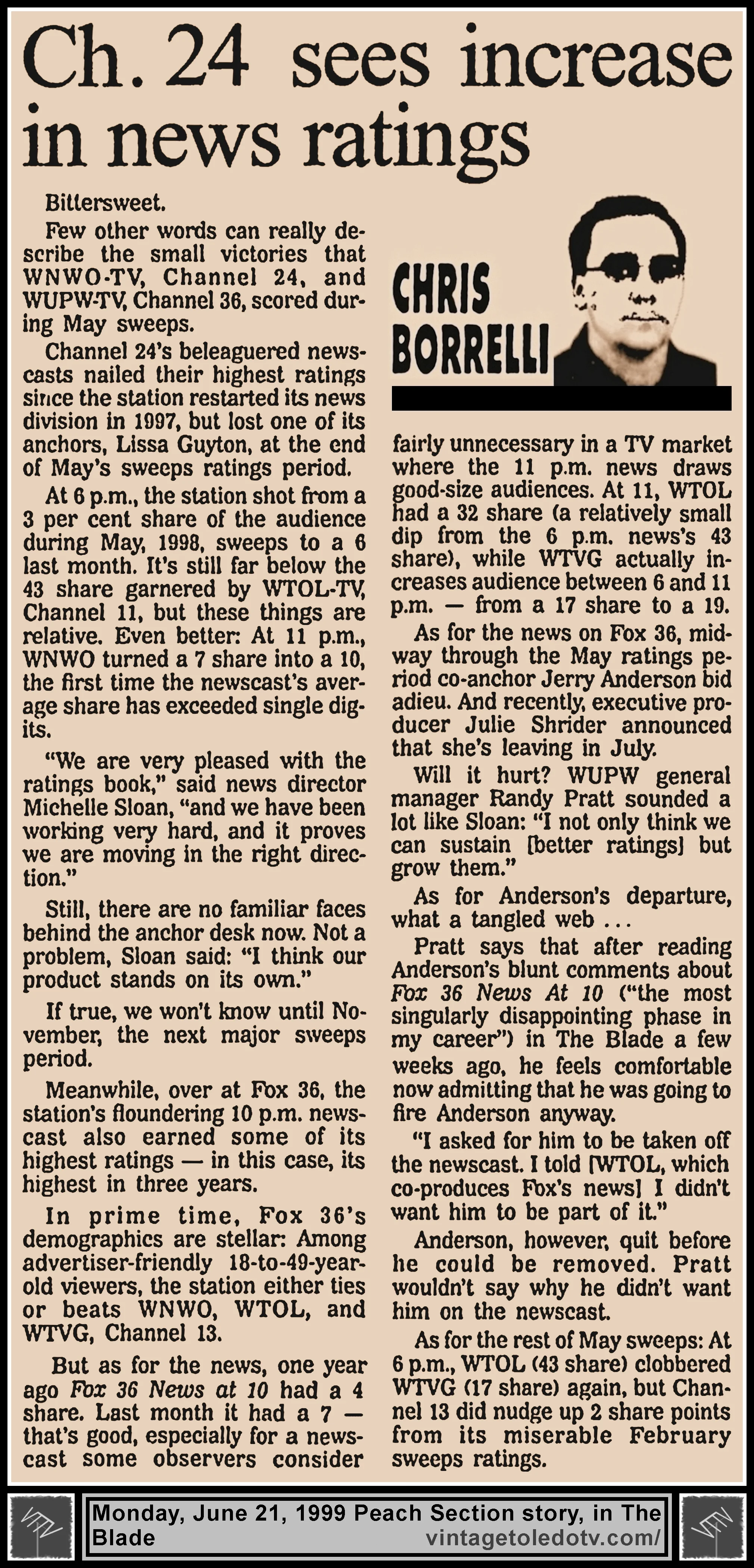"Ch. 24 See Increase in News Ratings" by Chris Borrelli, in The Blade's Monday, 6/21/99 Peach Section