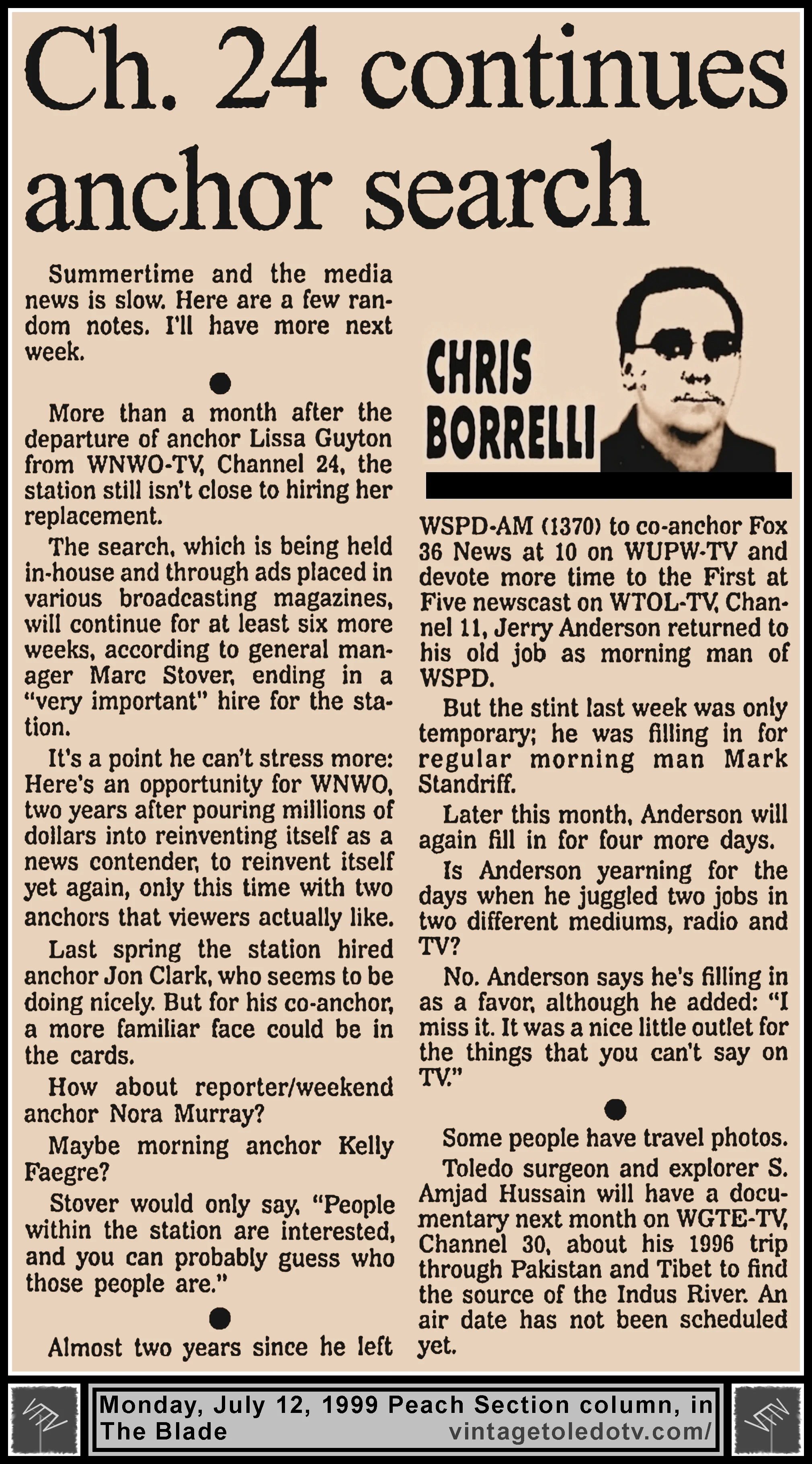 "Ch. 24 Continues Anchor Search" and other items, by Chris Borrelli, in The Blade's Monday, 7/12/99 Peach Section