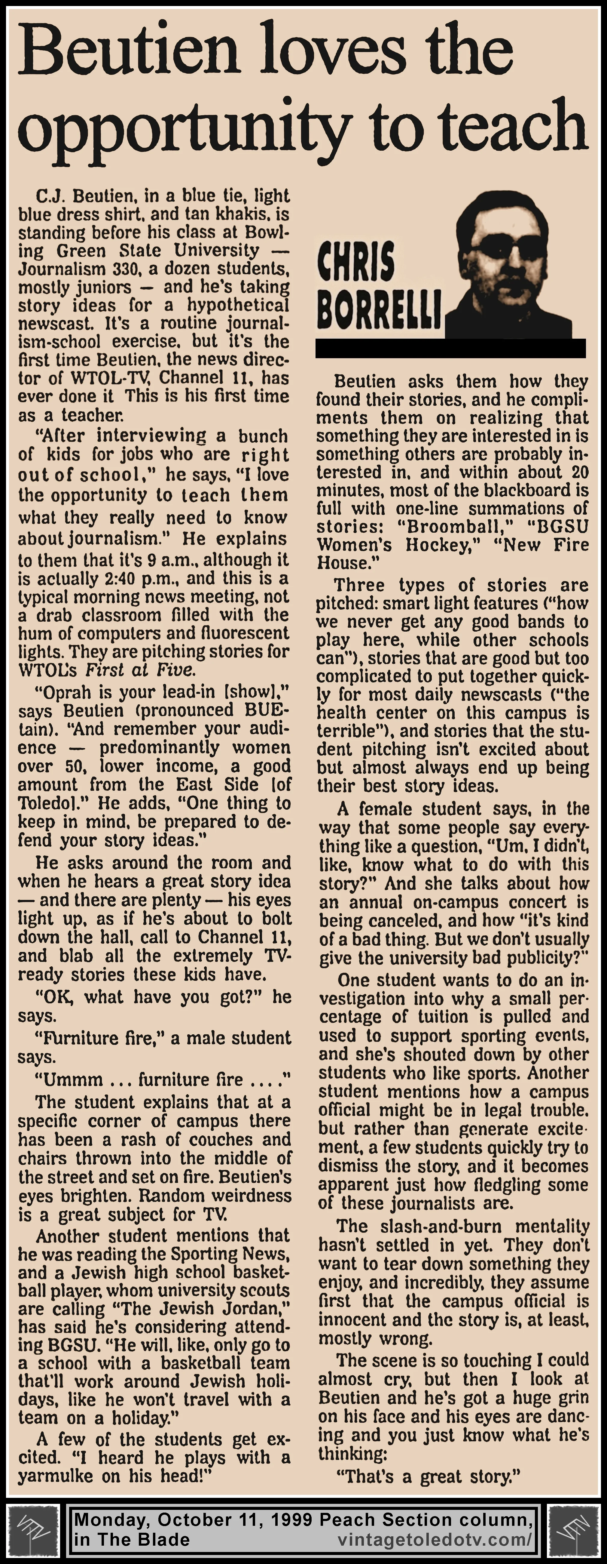 "Beutien Loves The Opportunity To Teach" by Chris Borrelli, in The Blade's Monday, 10/11/99 Peach Section