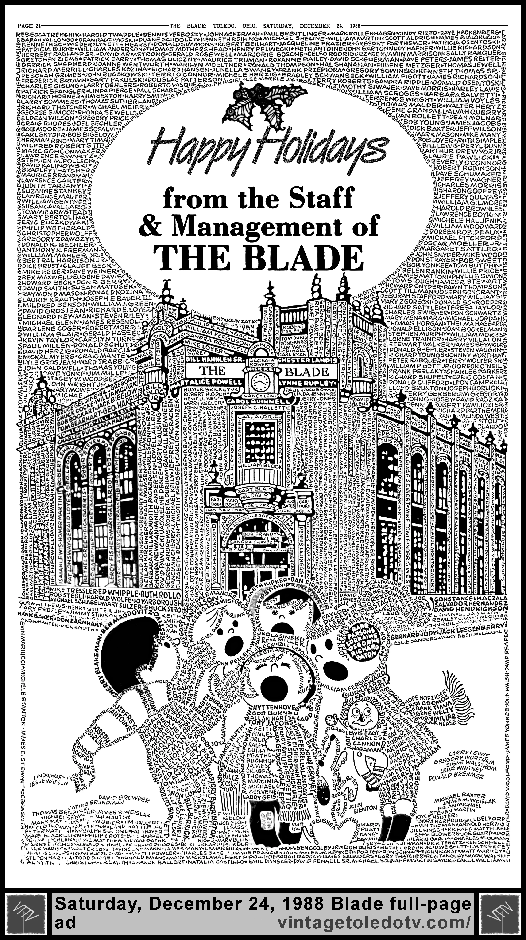Kappy Holidays from the Staff & Management of The Blade (Saturday, 12/24/88 full-page ad)