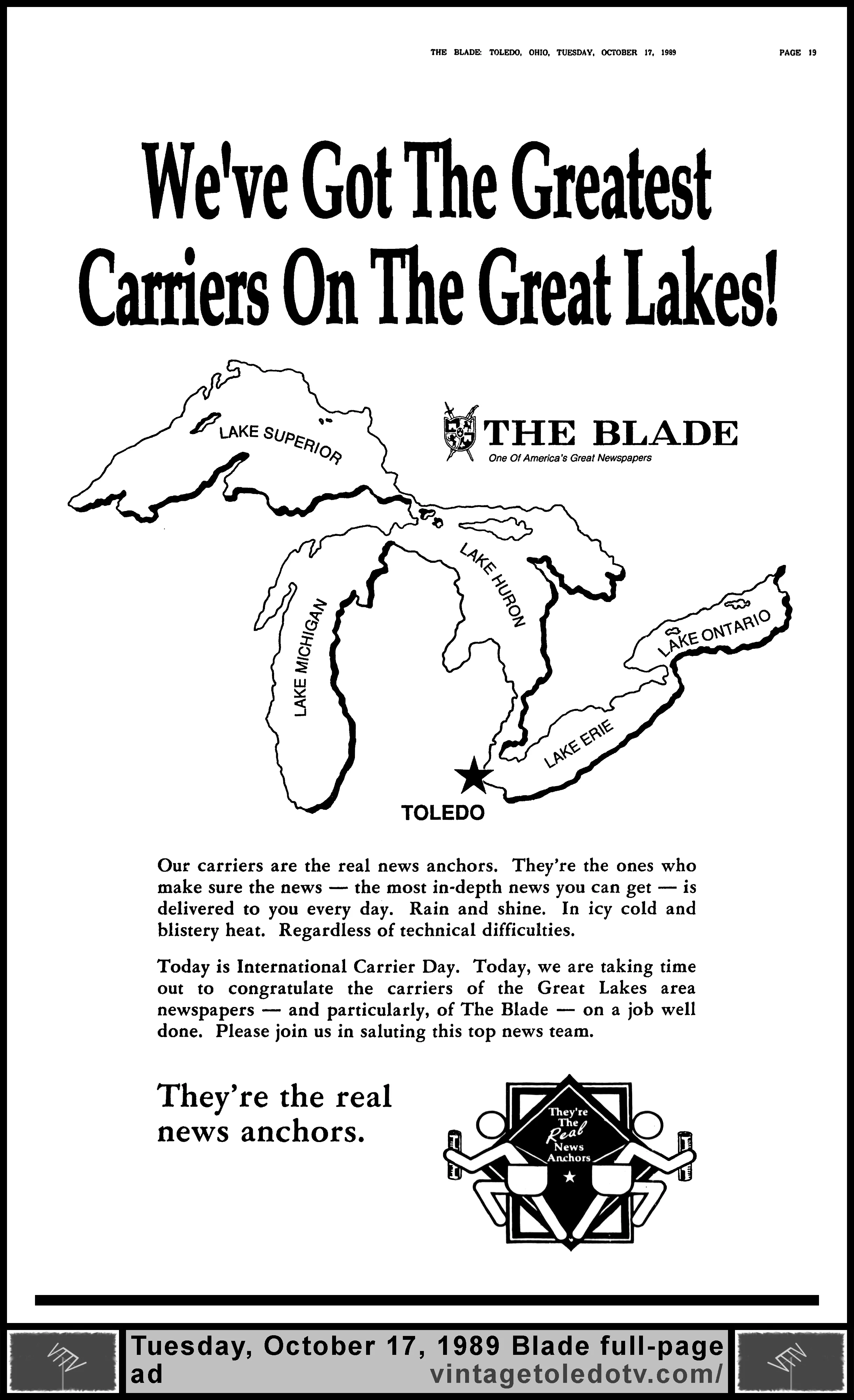 We've Got The Greatest Carriers On The Great Lakes! The Blade... (Tuesday, 10/17/89 full-page ad