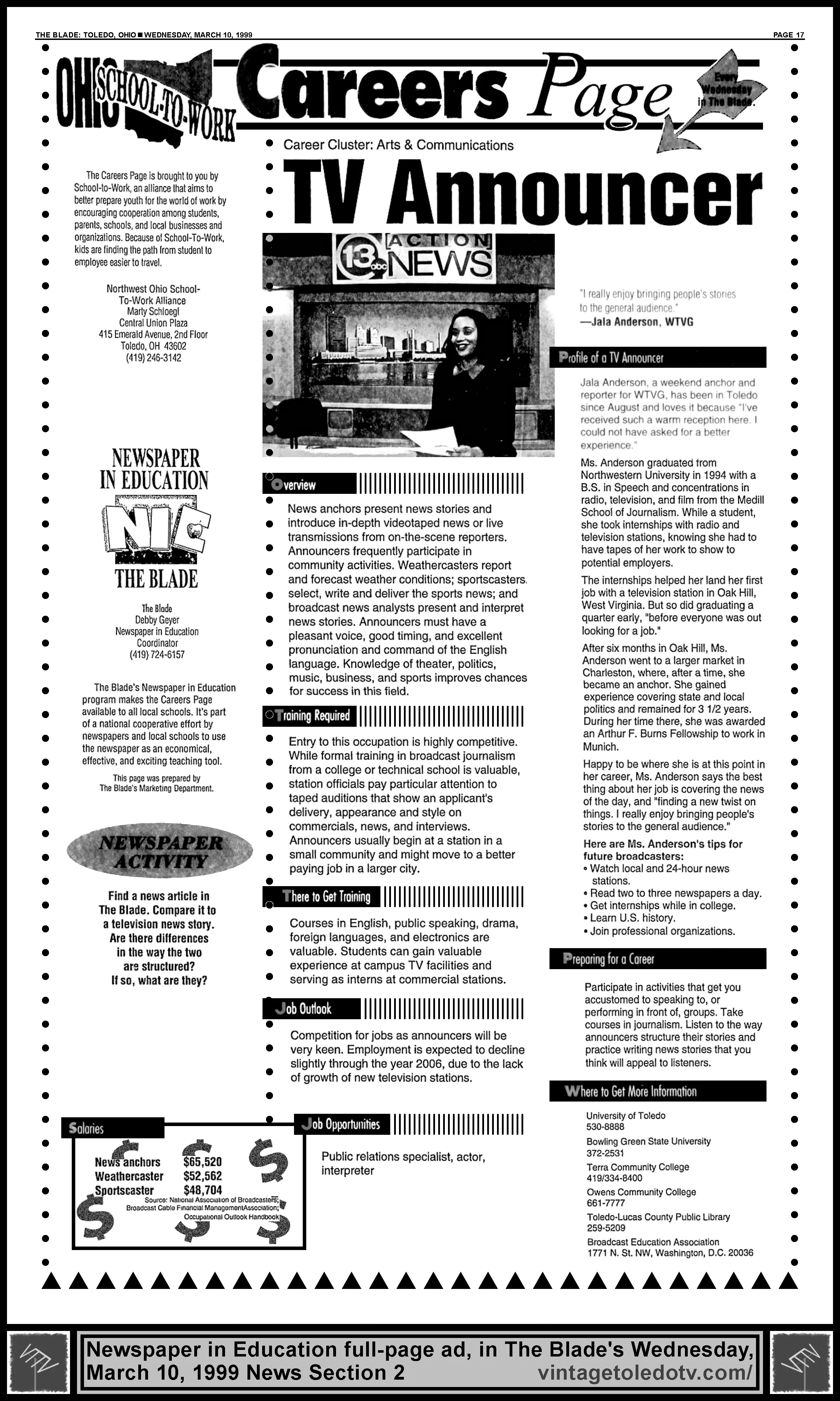 Ohio School-t0-Work Careers Page...Newspaper in Education (Wednesday, 3/10/99 full-page ad in The Blade News Section 2)