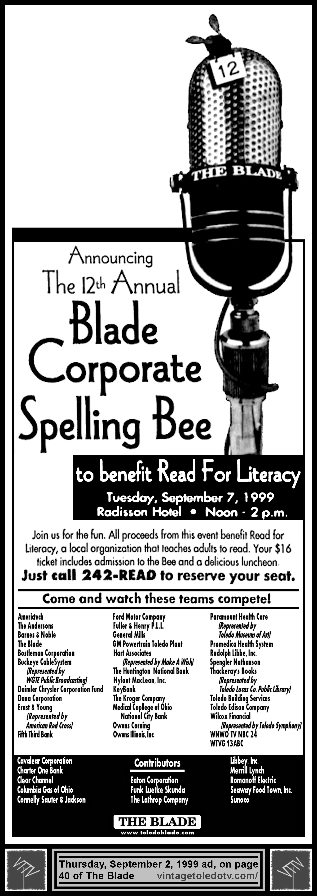 Blade Corporate Spelling Bee...for Literacy (Thursday, 9/2/99 ad on page 40 of The Blade)