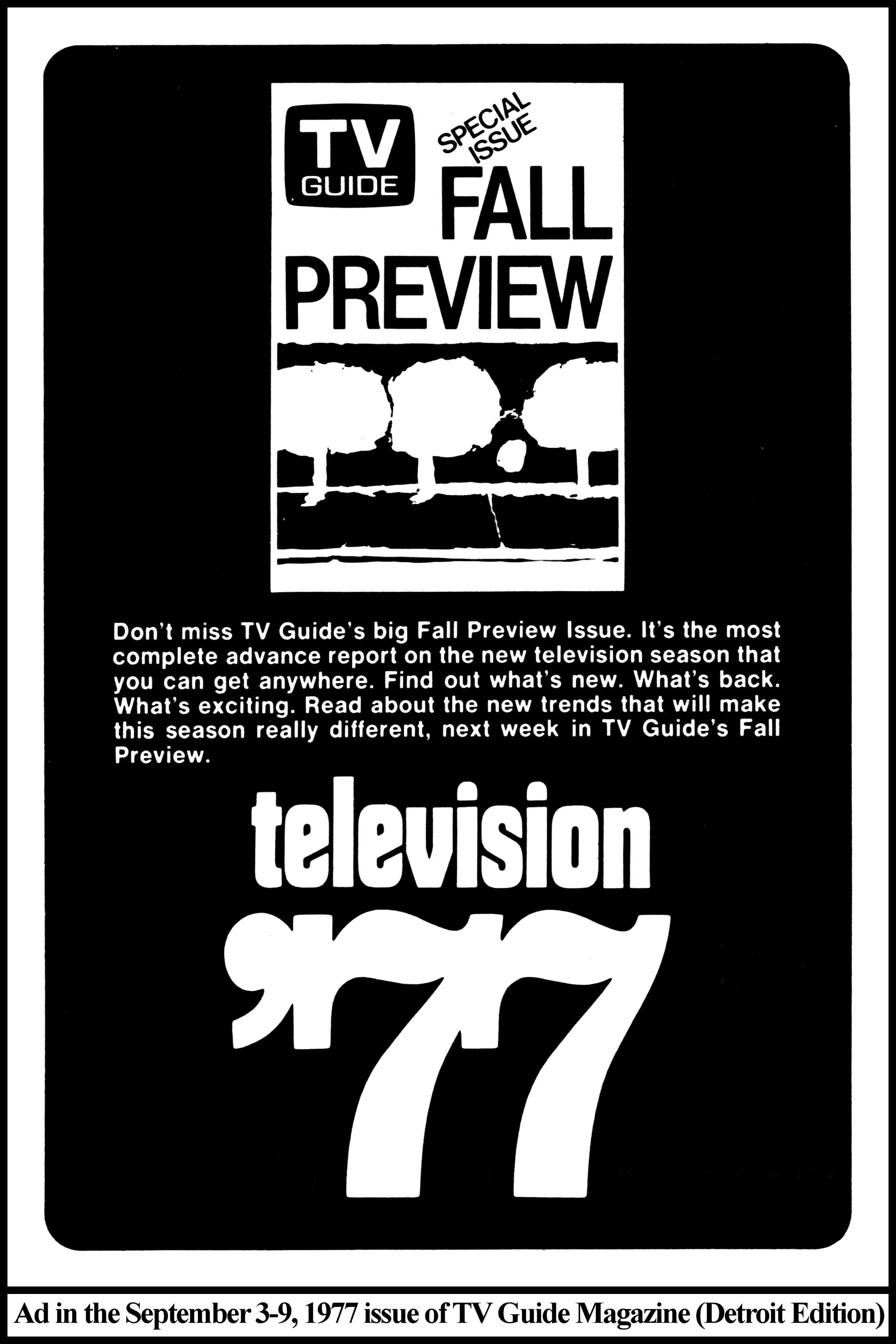 TV Guide Magazine Fall Preview issue (ad in the 9/3-7/77 issue of TV Guide Magazine, Detroit edition)