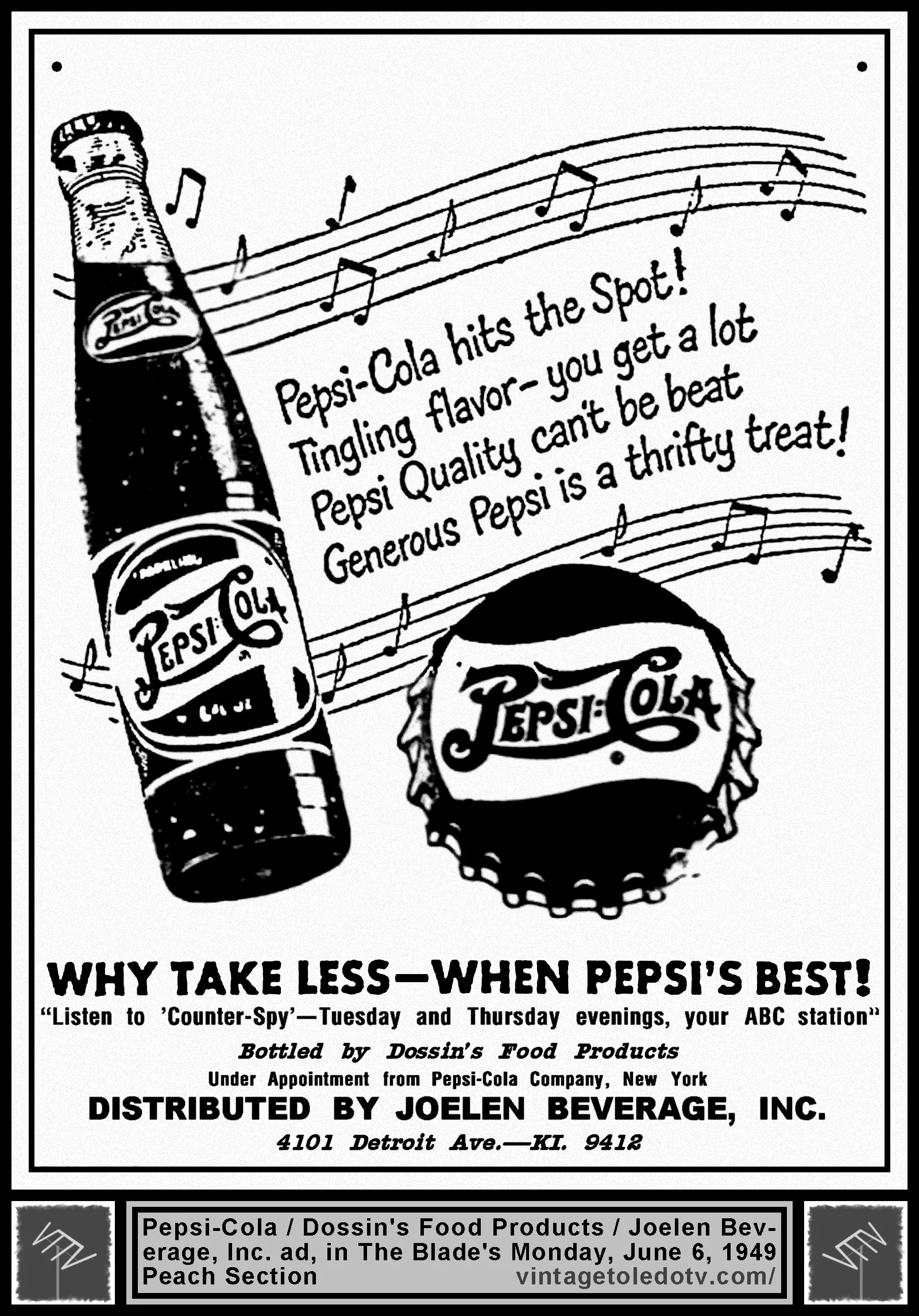 Pepsi-Cola (Mon. 6/6/49 ad in The Blade Peach Section)