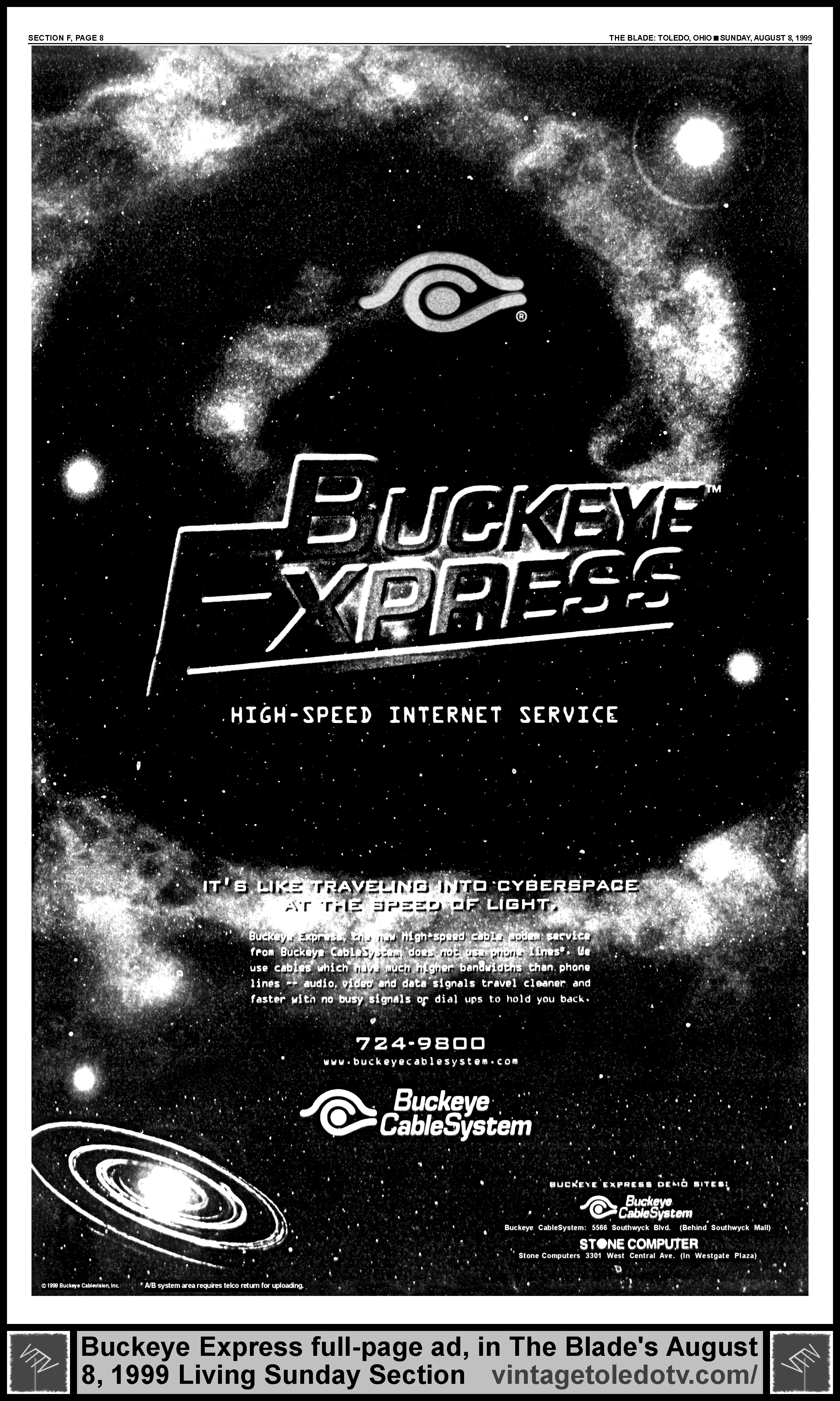 Buckeye Express High Speed Internet Service (8/8/99 full-page ad in The Blade Living Section)
