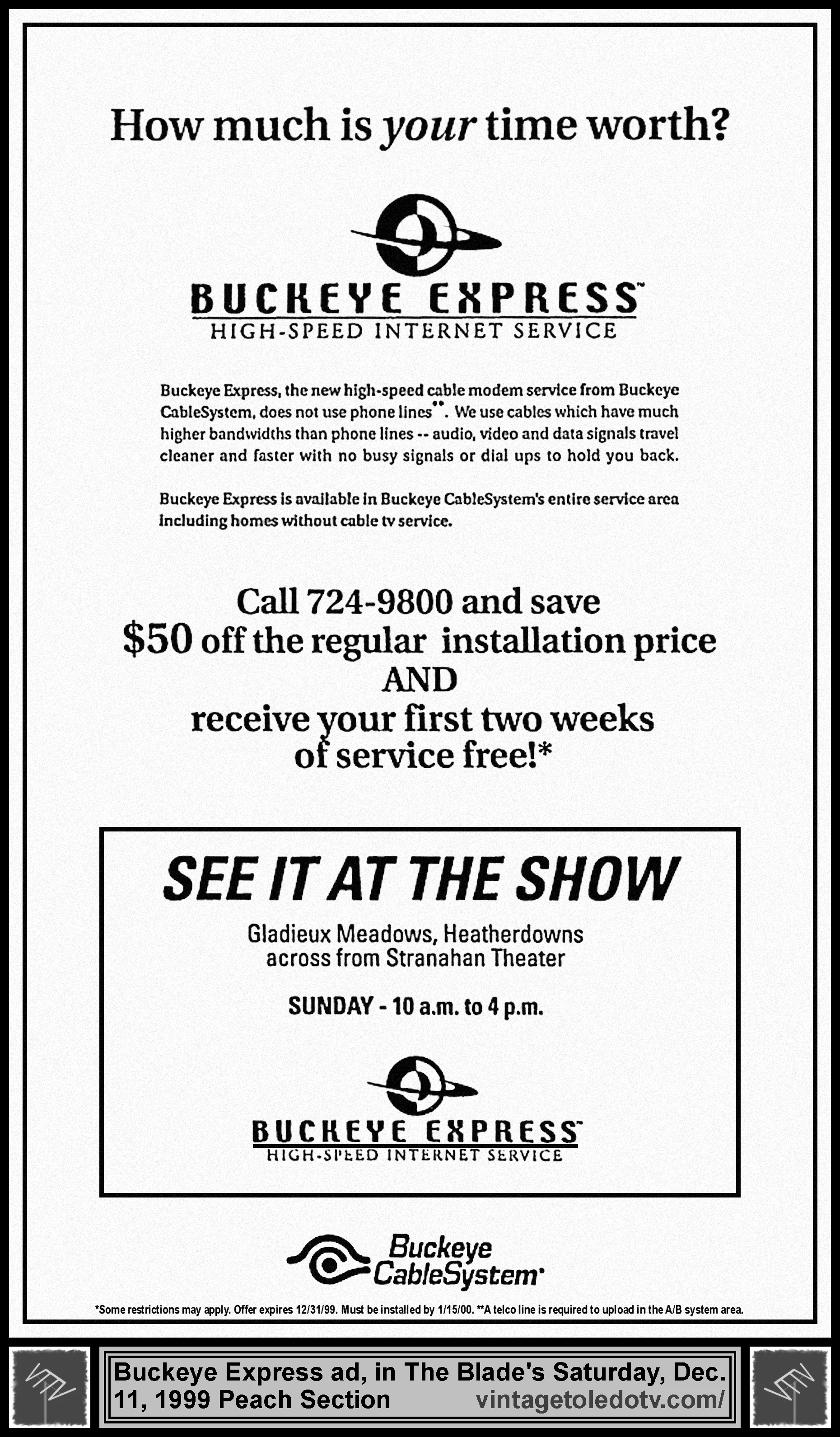 Buckeye Express High-Speed Internet Service (Sat. 12/11/99 ad in The Blade Peach Section)