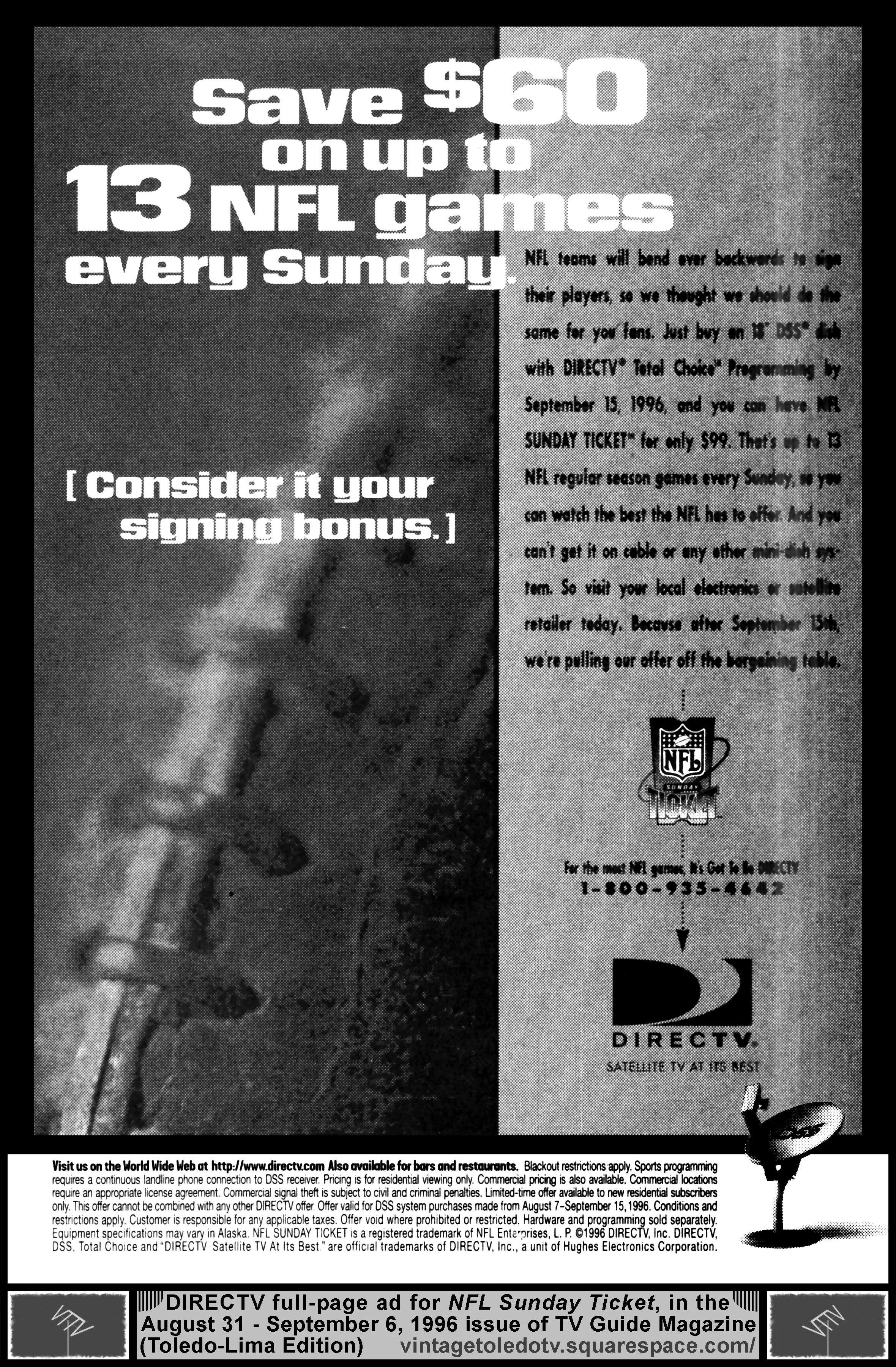 DirecTV NFL Sunday Ticket (8/31-9/6/96 TV Guide Magazine full-page ad)