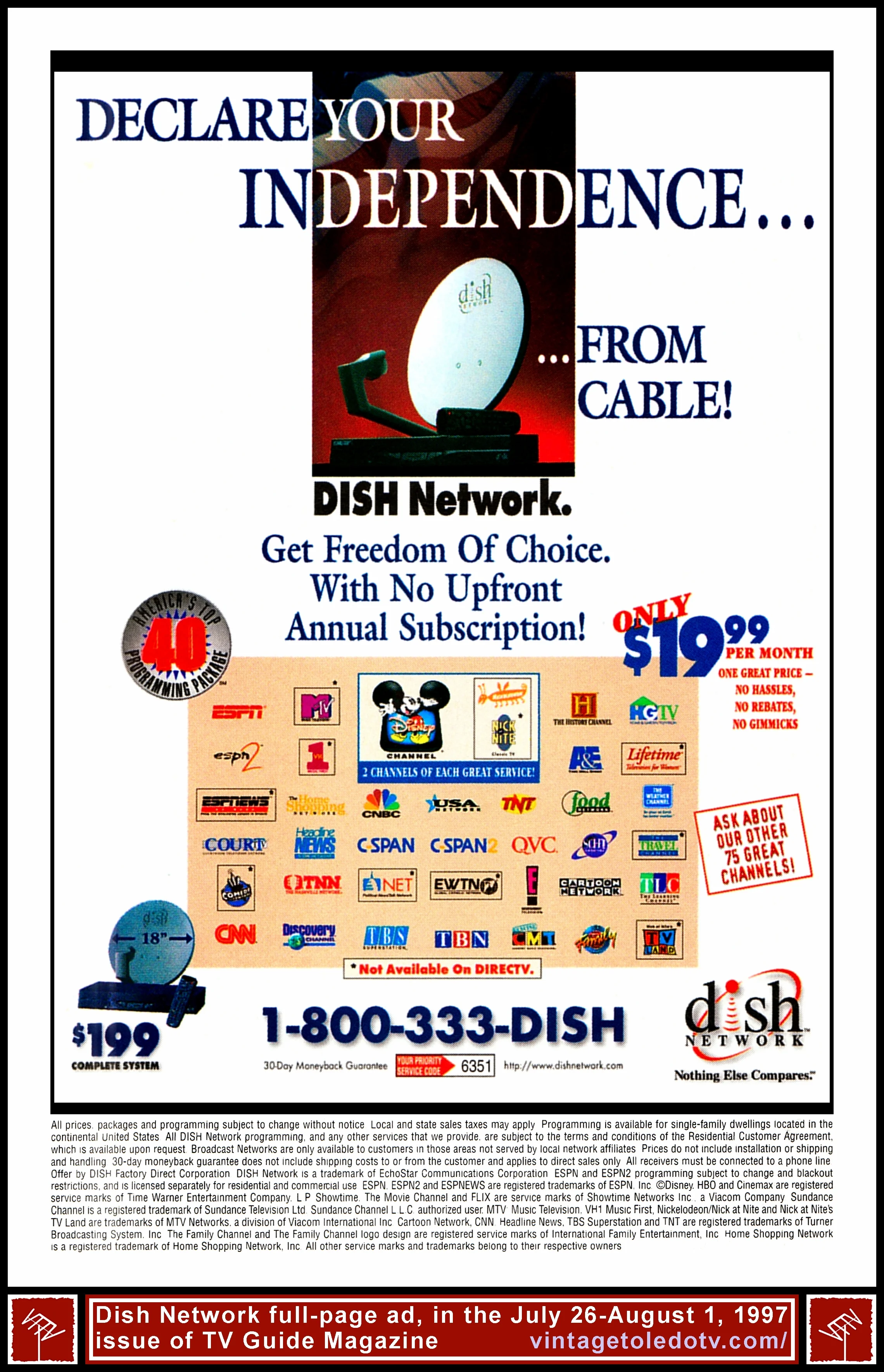 Declare your independence from cable! Dish Network (7/26-8/1/97 TV Guide Magazine full-page color ad)