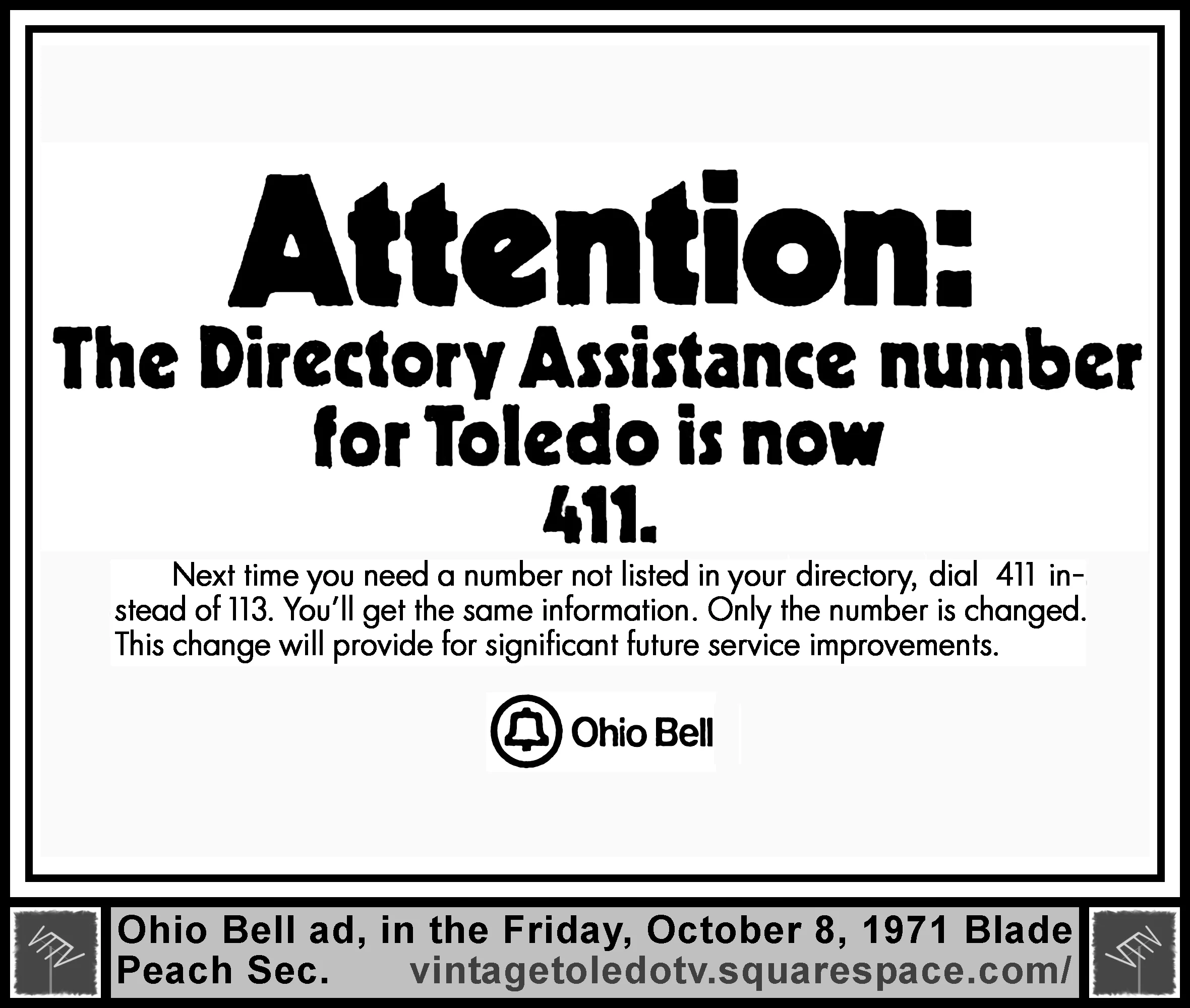 Ohio Bell Directory Assistance (Fri. 10/8/71 ad in The Blade Peach Section)