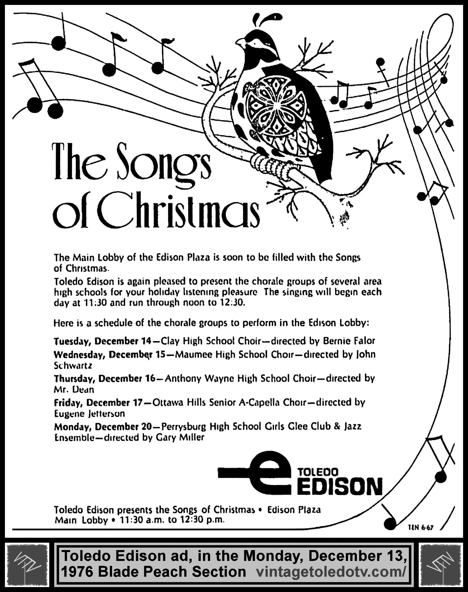 Toledo Edison...The Songs of Christmas (Mon. 12/13/76 ad in The Blade Peach Section)