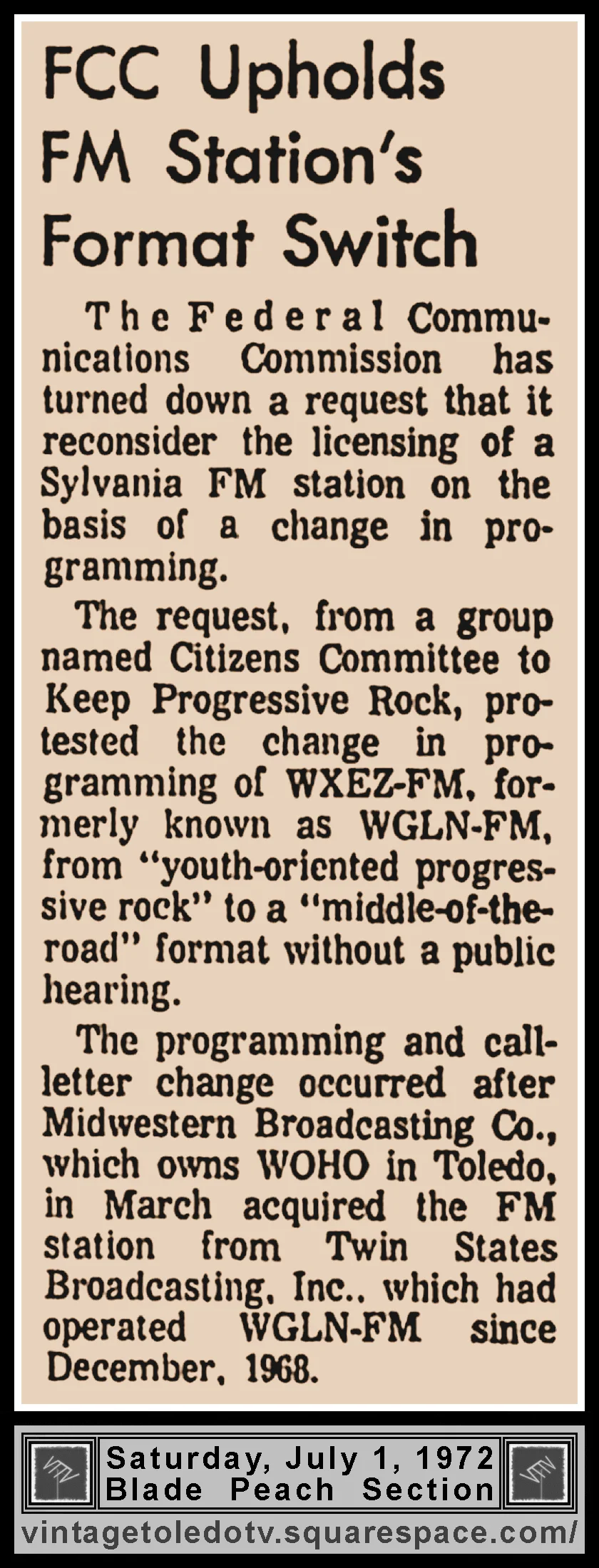 "FCC Upholds Station's Switch," in The Blade's Sat. 7/1/72 Peach Section