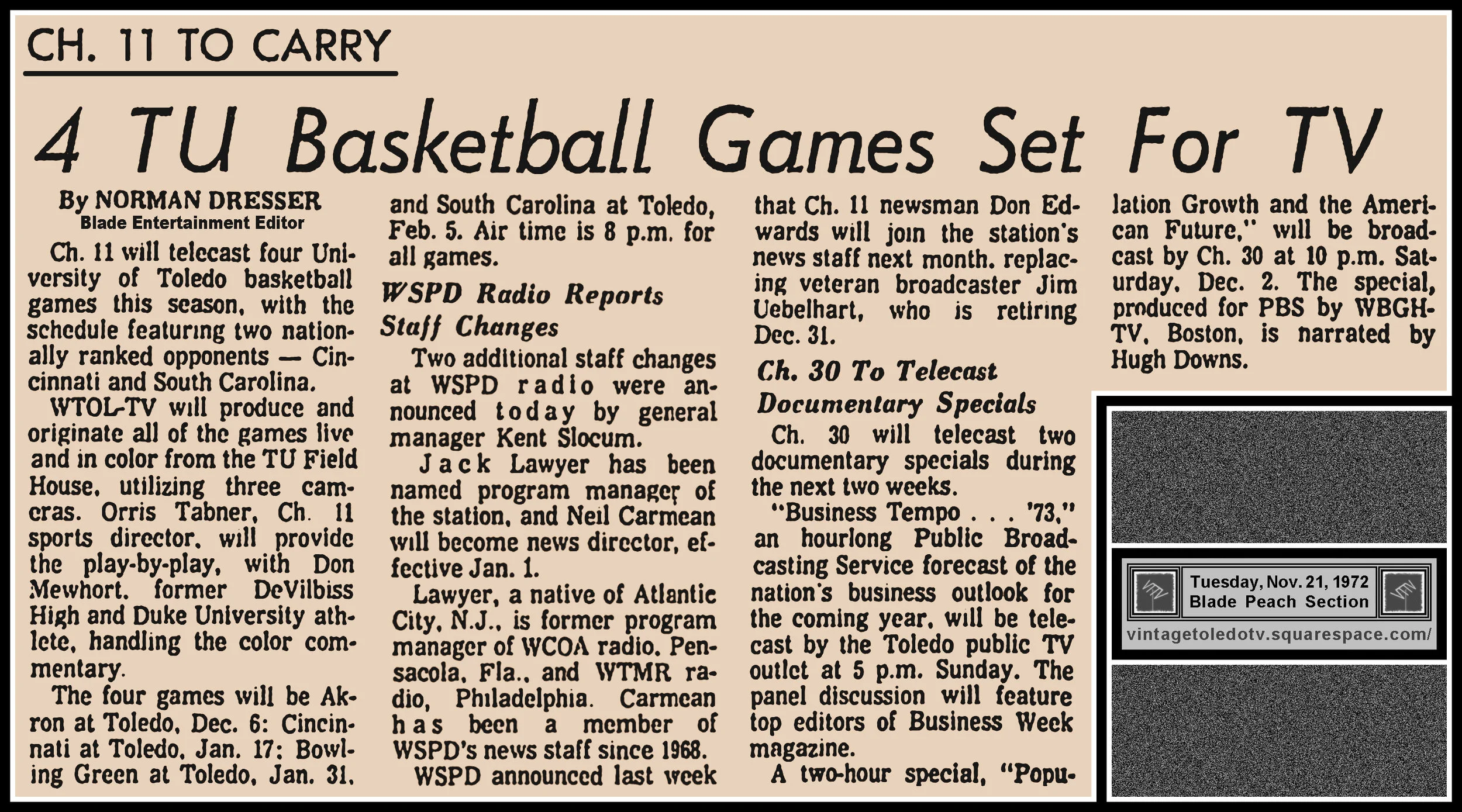 "4 TU Basketball Games Set For TV" by Norman Dresser, in The Blade's Tue. 11/21/71 Peach Section
