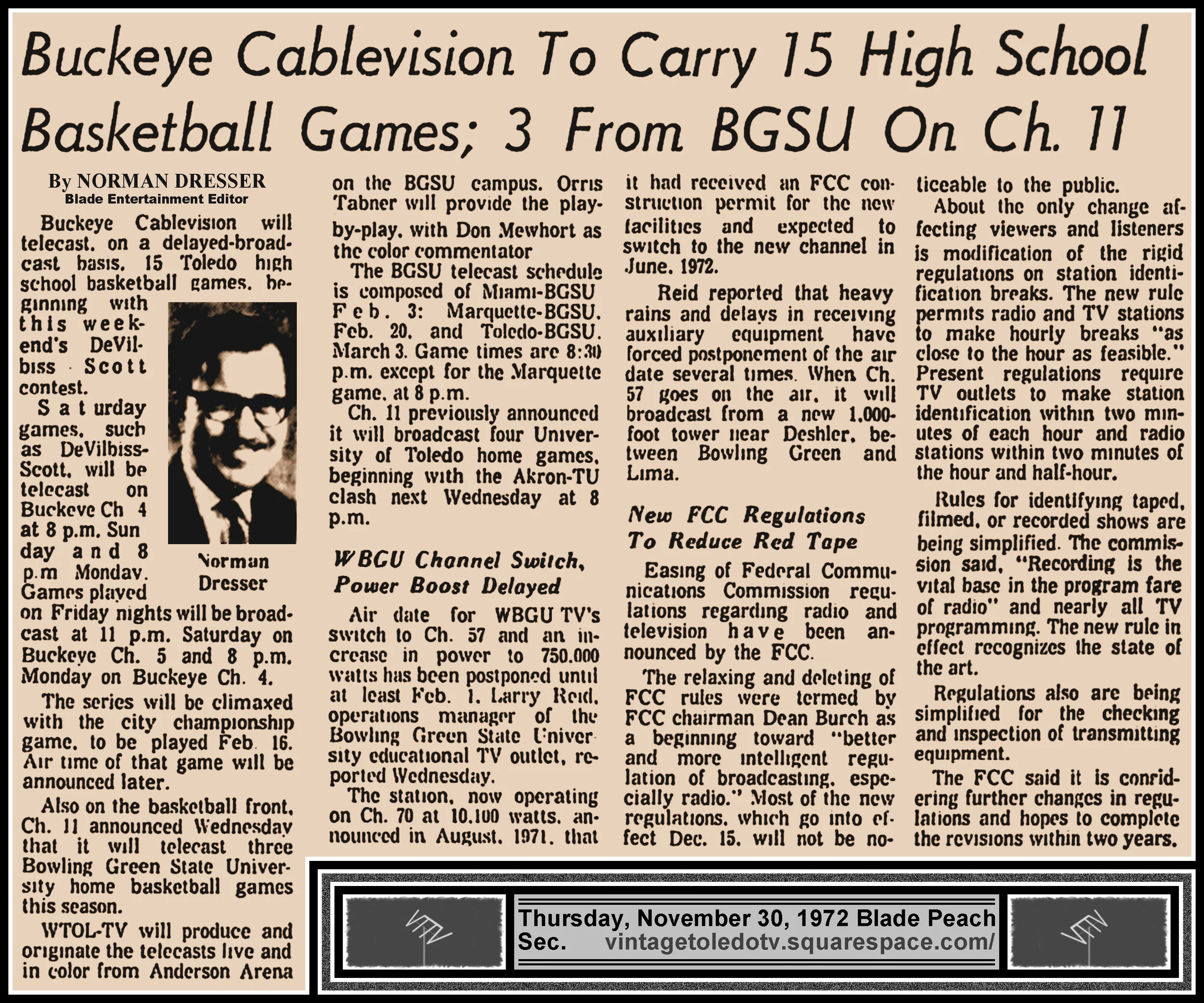 "Buckeye Cablevision To Carry 15 High School Basketball Games; 3 From BGSU on Ch. 11" by Norman Dresser, in The Blade's Thu. 11/30/72 Peach Section