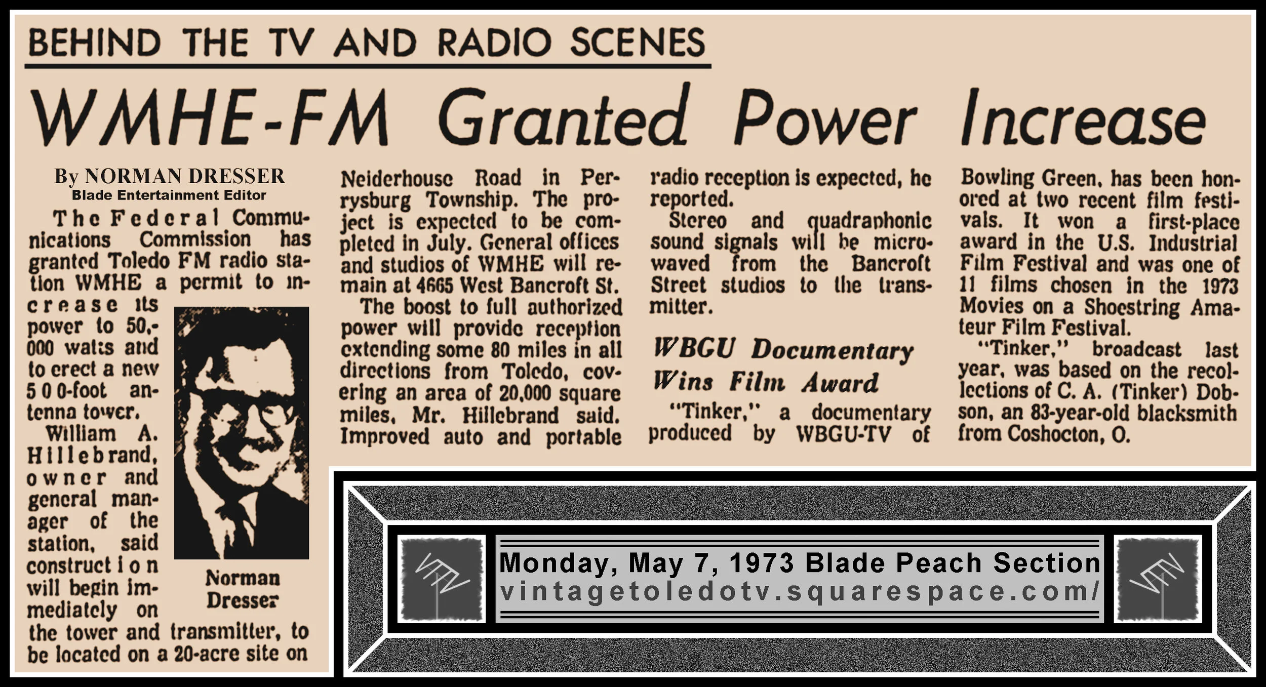 "WMHE-FM Granted Power Increase" by Norman Dresser, in The Blade's Mon. 5/7/73 Peach Section