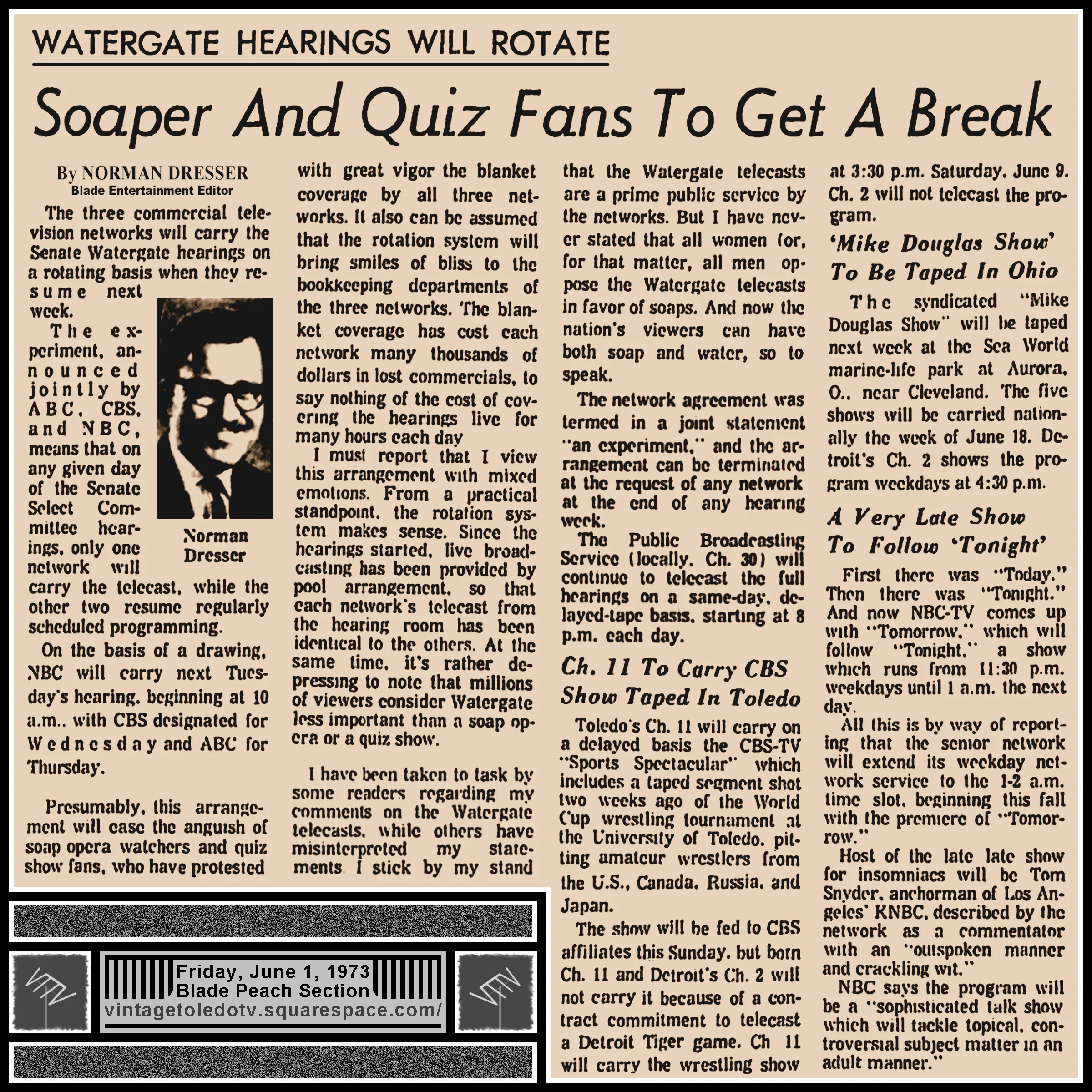 "Soaper And Quiz Fans To Get A Break" by Norman Dresser, in The Blade's Fri. 6/1/73 Peach Section