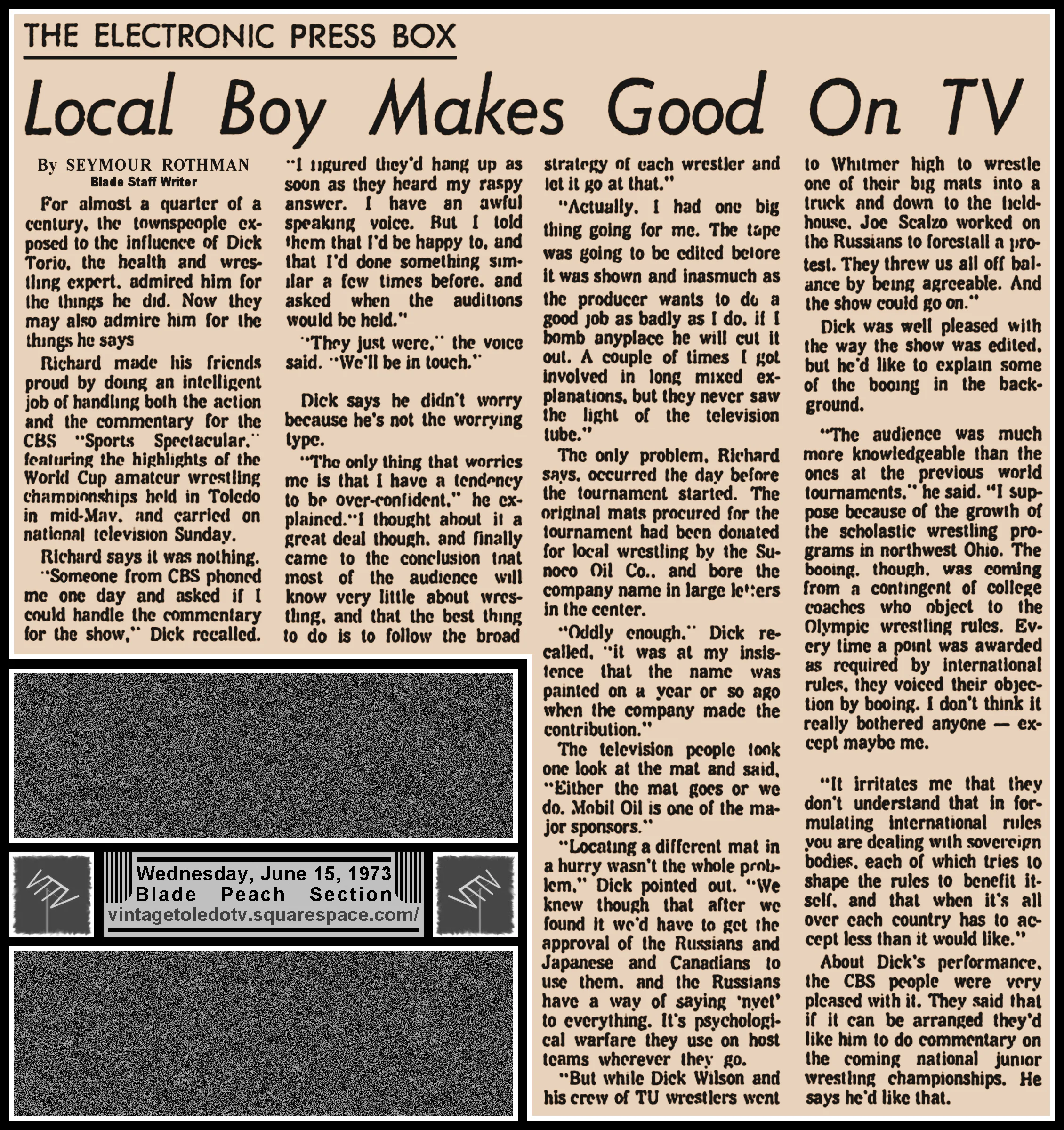 "Local Boy Makes Good On TV" by Seymour Rothman, in The Blade's Wed. 6/15/73 Peach Section