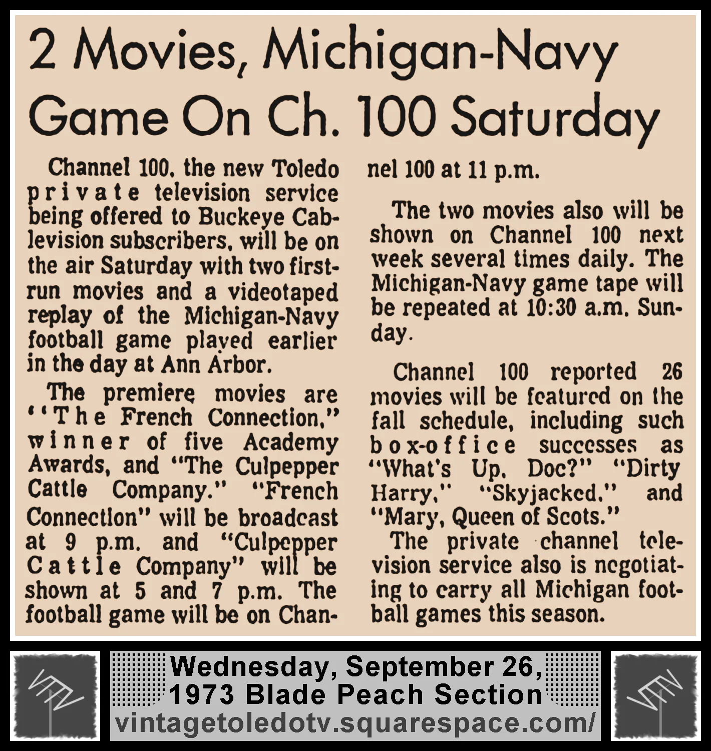 "2 Movies, Michigan-Navy Game On Ch. 100 Saturday," in The Blade's Wed. 9/26/73 Peach Section