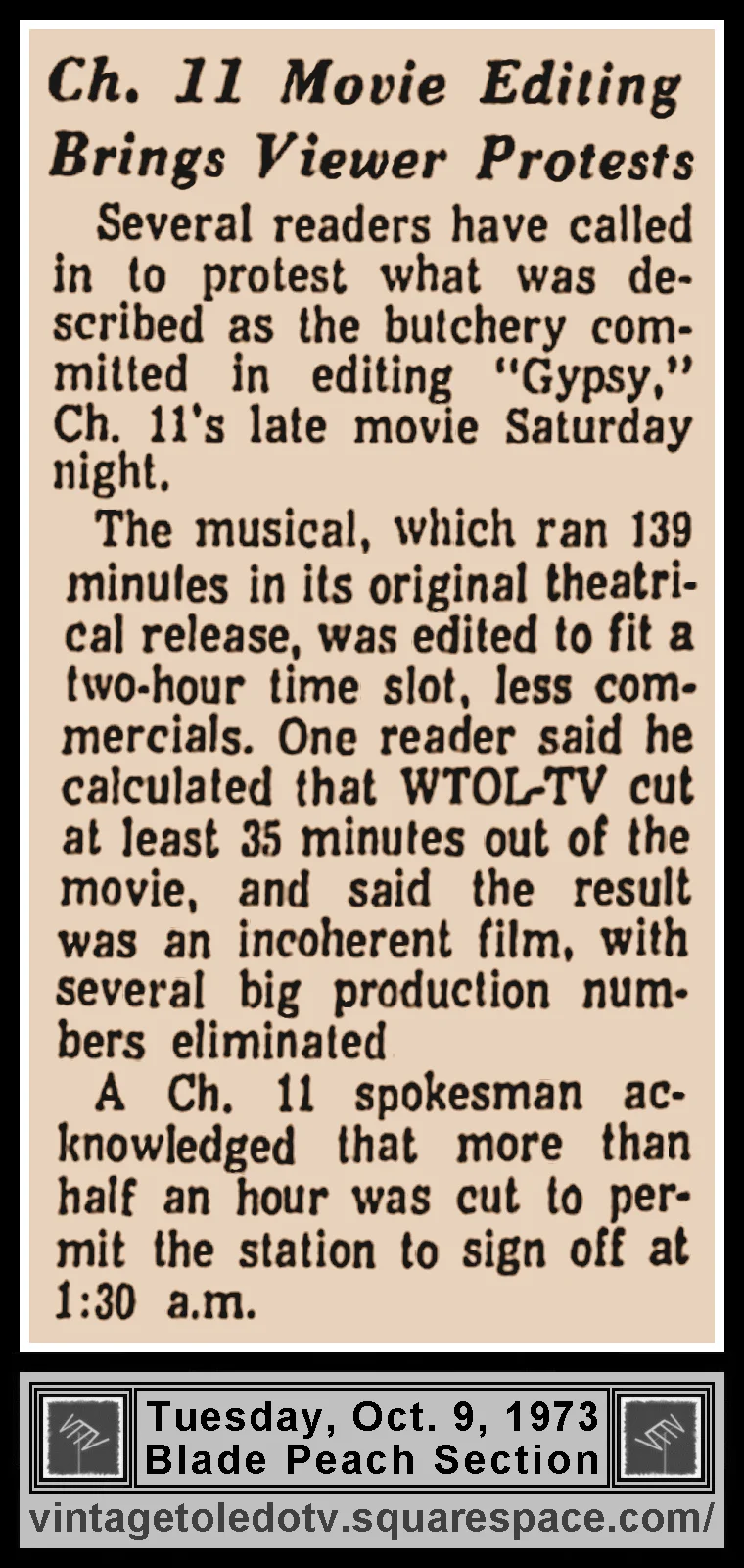 "Ch. 11 Movie Editing Brings Viewer Protests," in The Blade's Tue. 10/9/73 Peach Section