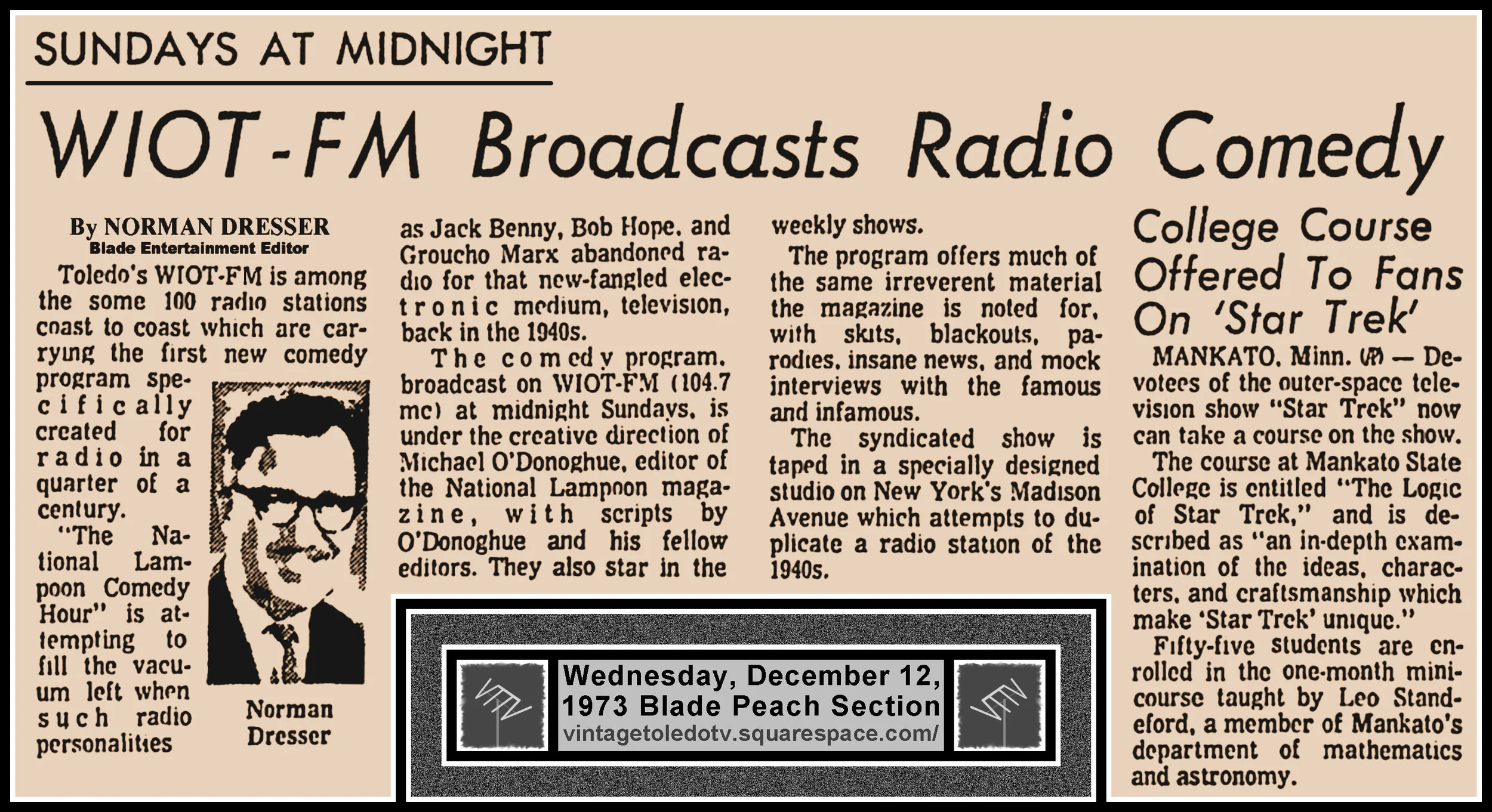 "WIOT-FM Broadcasts Radio Comedy" by Norman Dresser & "College Course Offered To Fans on 'Star Trek'" (AP story), in The Blade's Wed. 12/12/73 Peach Section
