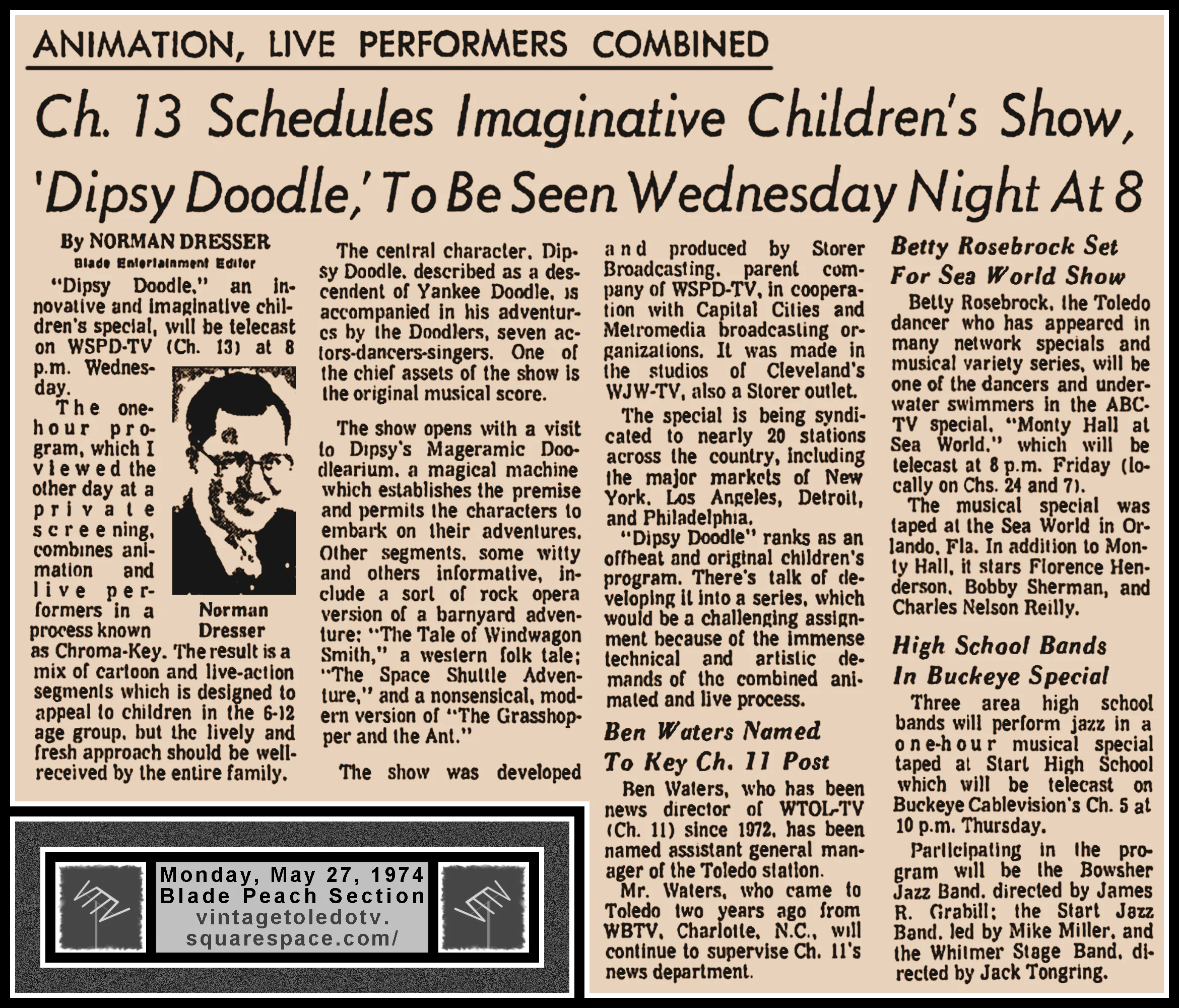 "Ch. 13 Schedules Imaginative Children's Show, 'Dipsy Doodle,' To Be Seen Wednesday Night At 8: by Norman Dresser, in The Blade's Mon. 5/27/74 Peach Section
