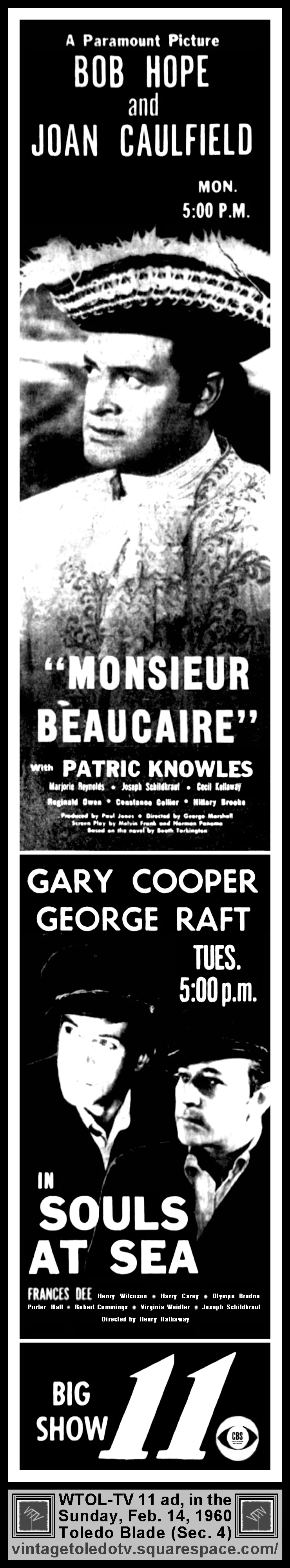 "Monsieur Beaucaire" & "Souls at Sea on The Big Show (Sun. 2/14/60 ad in The Blade
