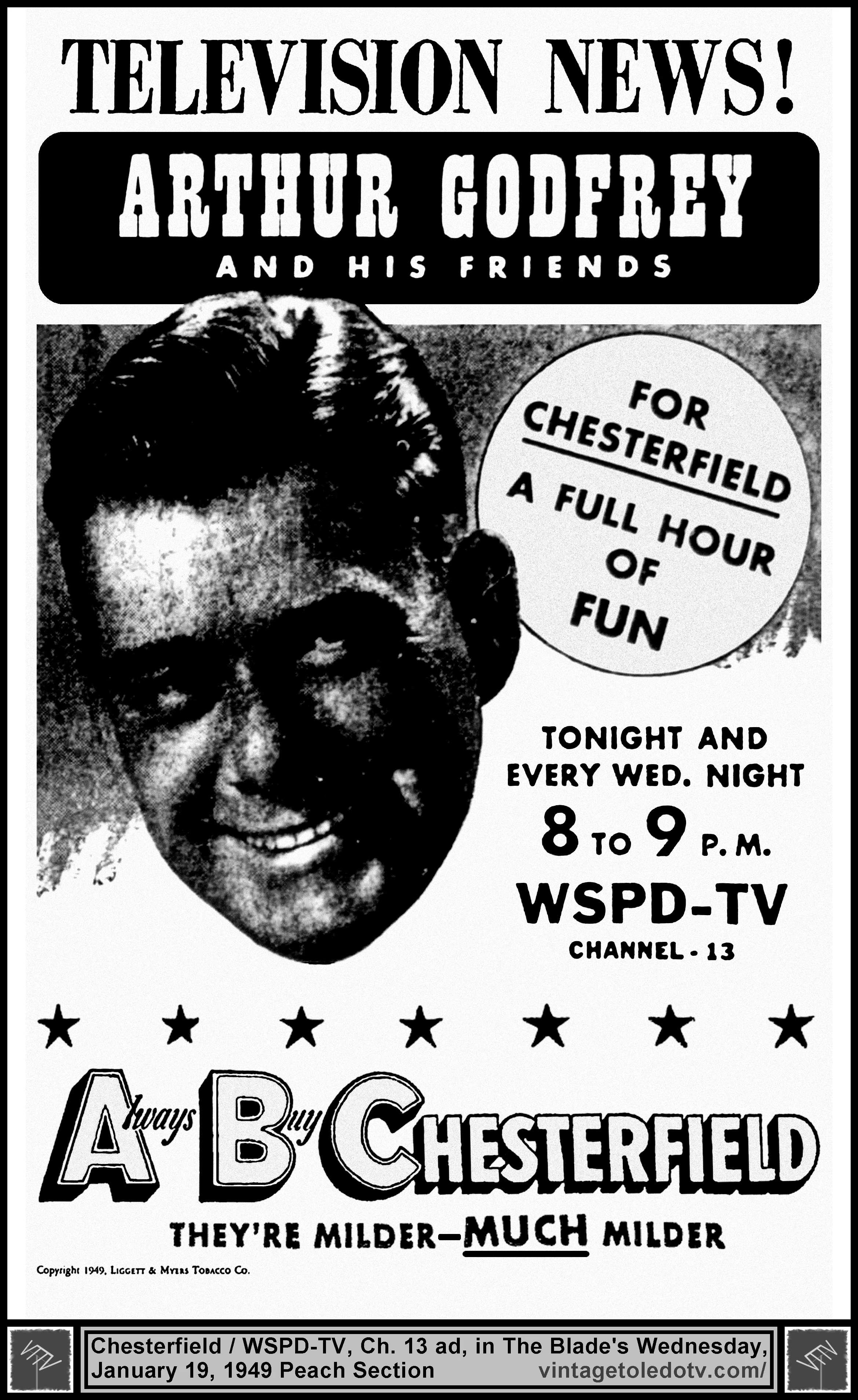 Arthur Godfrey and His Friends on WSPD-TV, Channel 13 (Wednesday, 1/19/49 ad in The Blade Peach Section)