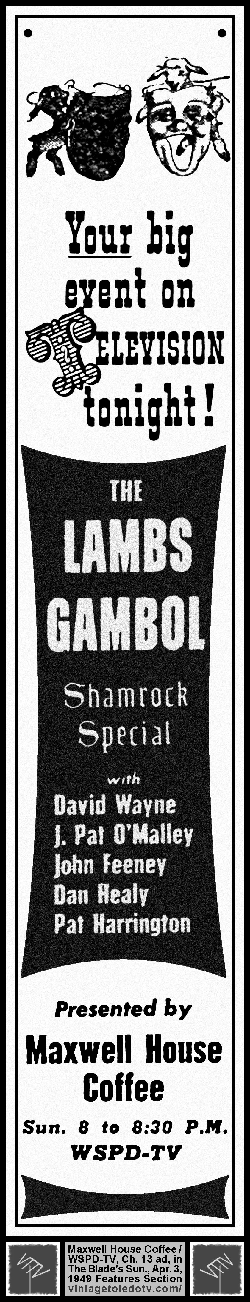 The Lambs Gambol "Shamrock Special" on WSPD-TV, Channel 13 (Sunday, 4/3/49 ad in The Blade Features Section)