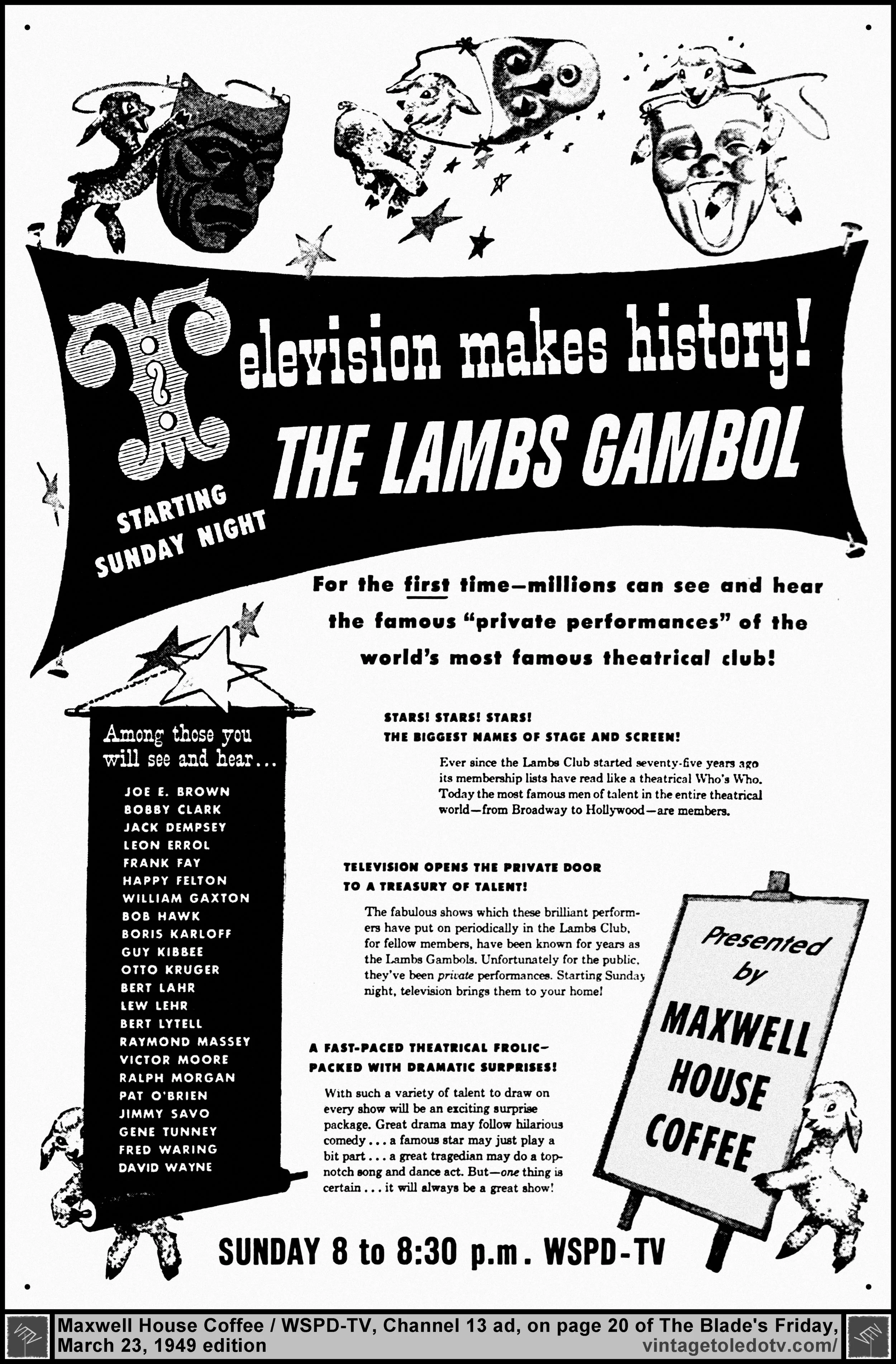 The Lambs Gambol on WSPD-TV, Channel 13 (Friday, 3/23/49 ad on page 20 of The Blade)