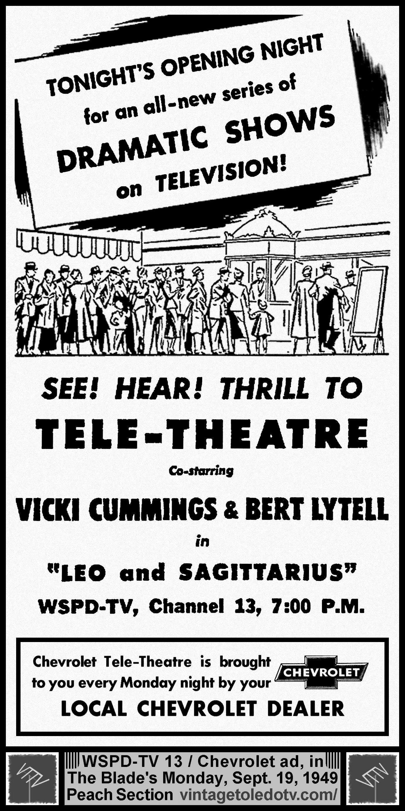 Tele-Theatre "Leo and Sagittarius" on WSPD-TV 13 (Monday, 9/19/49 ad in The Blade Peach Section)
