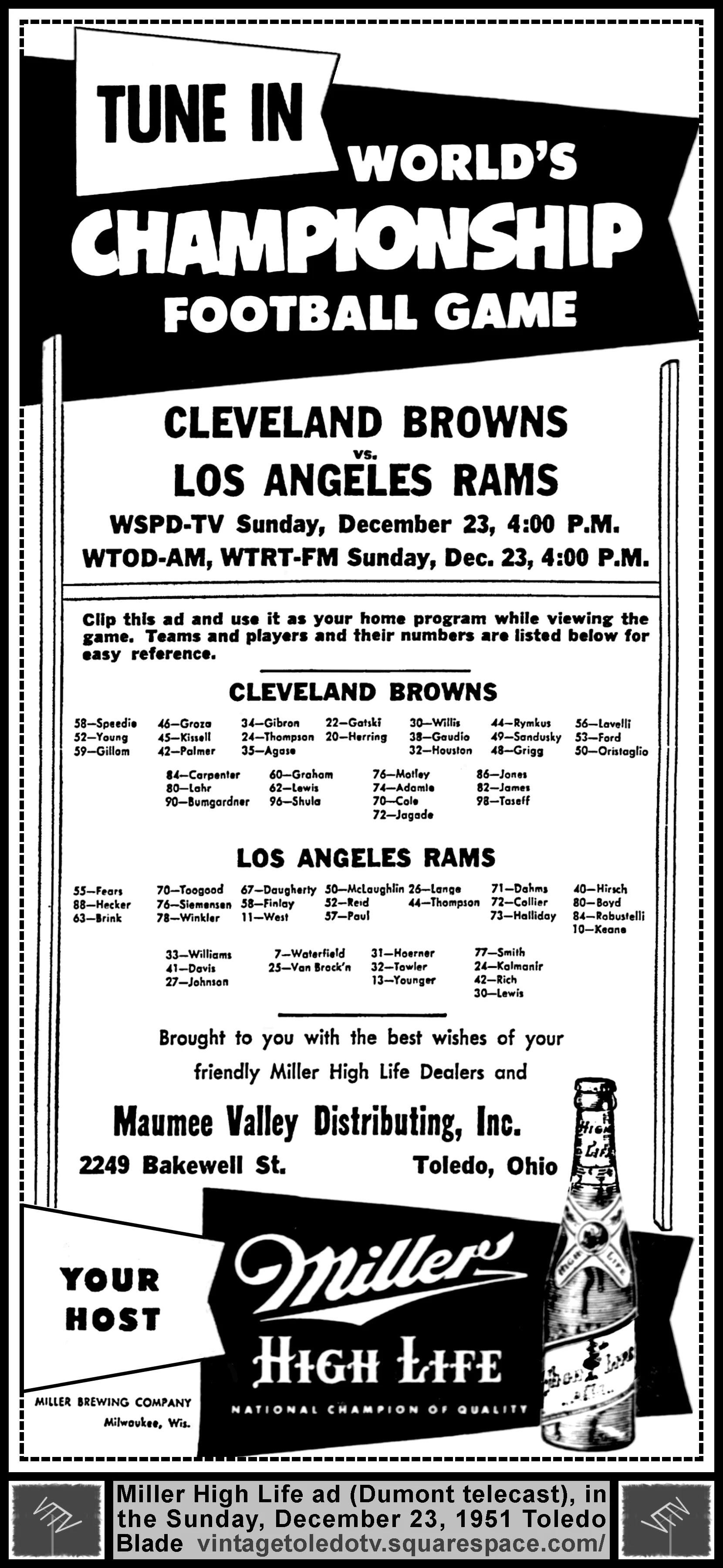 World's Championship Football Game on Dumont / WSPD-TV, Ch. 13 (Sunday, 12/23/51 ad in The Blade)