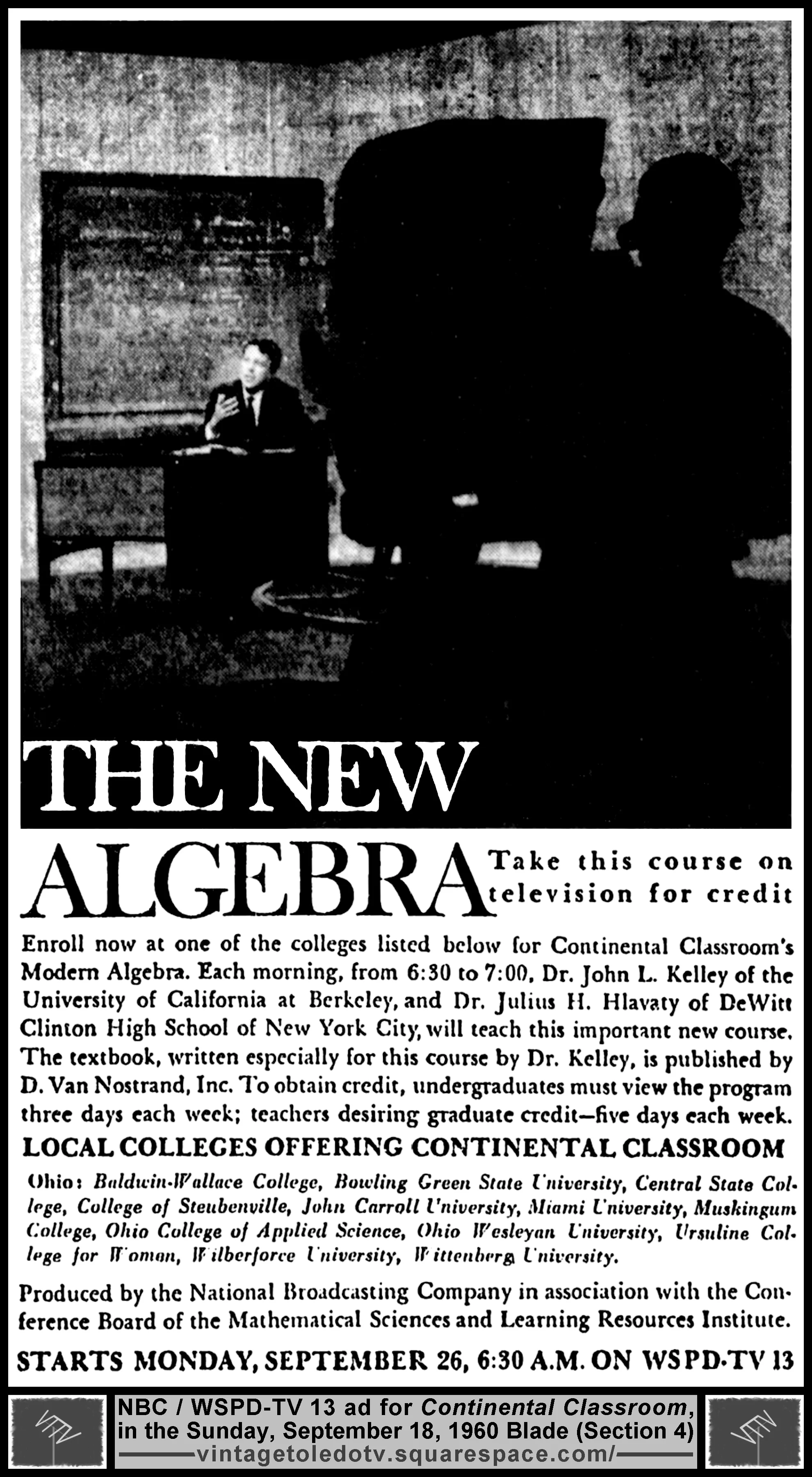 Continental Classroom's Modern Algebra on NBC/ WSPD-TV 13 (Sunday, 9/18/60 ad in Section 4 of The Blade)