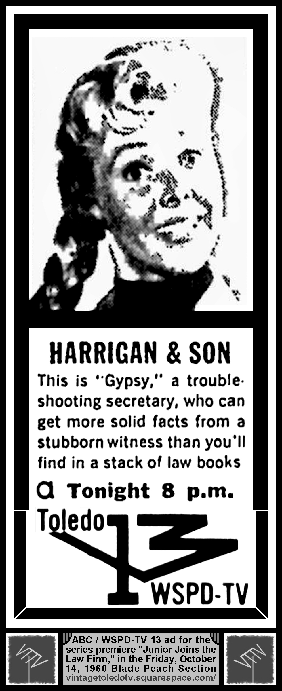 Harrigan and Son "Junior Joins the Law Firm" on ABC / WSPD-TV 13 (Friday, 10/14/60 ad in The Blade Peach Section)