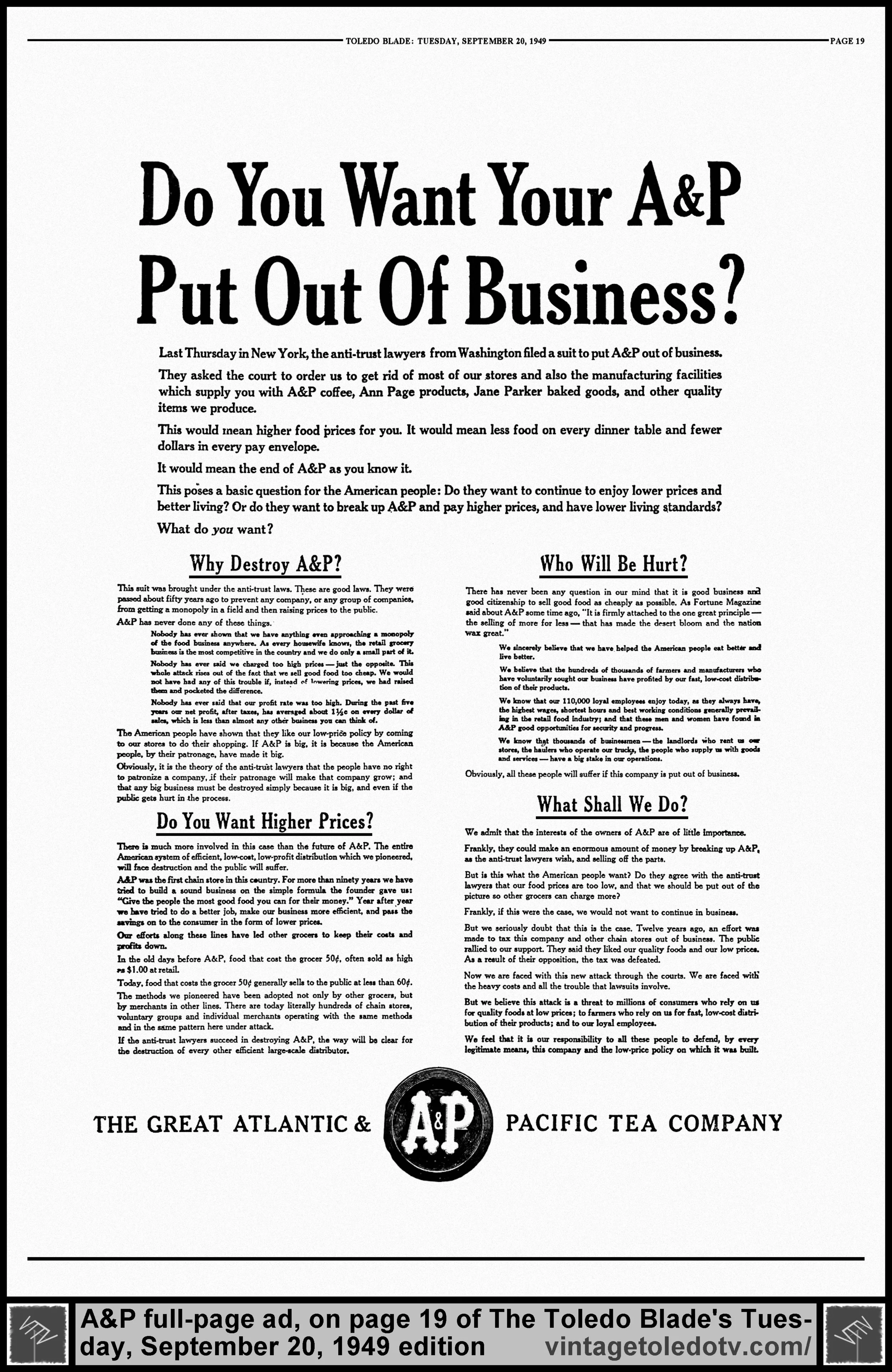 Do You Want You A&P Put Out Of Business? (Tuesday, 9/20/49 full-page ad in The Blade)