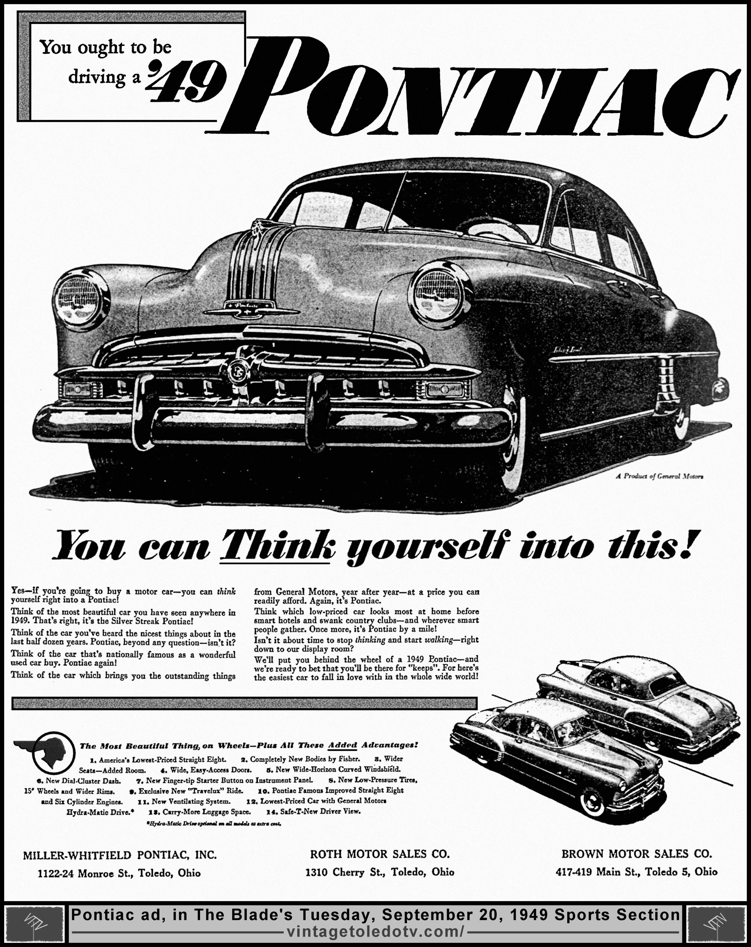 You ought to be driving a '49 Pontiac...(Tuesday, 9/20/49 ad in The Blade Sports Section)