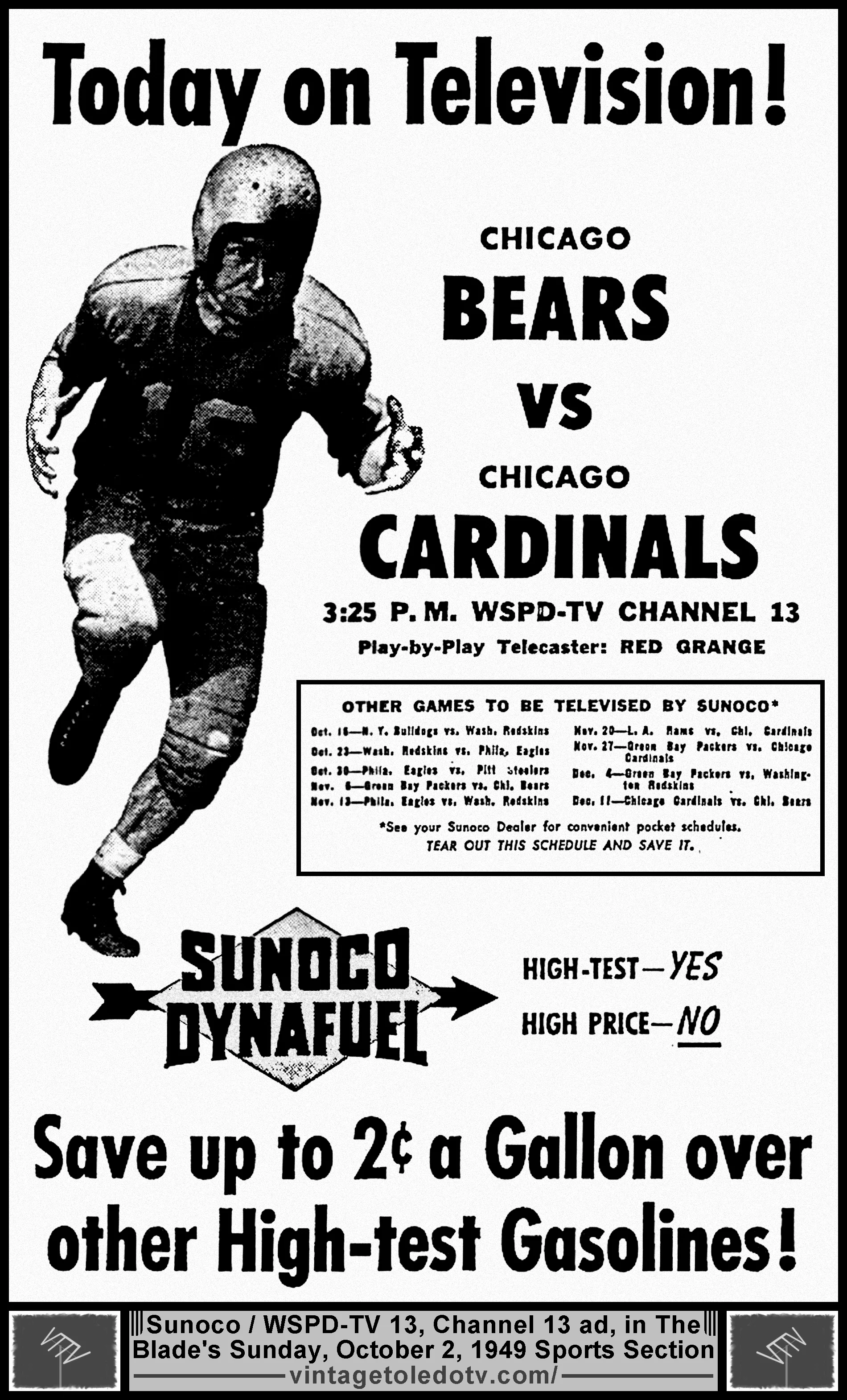 Chicago Bears vs. Chicago Cardinals on WSPD-TV 13 (Sunday, 10/2/49 ad in The Blade Sports Section)