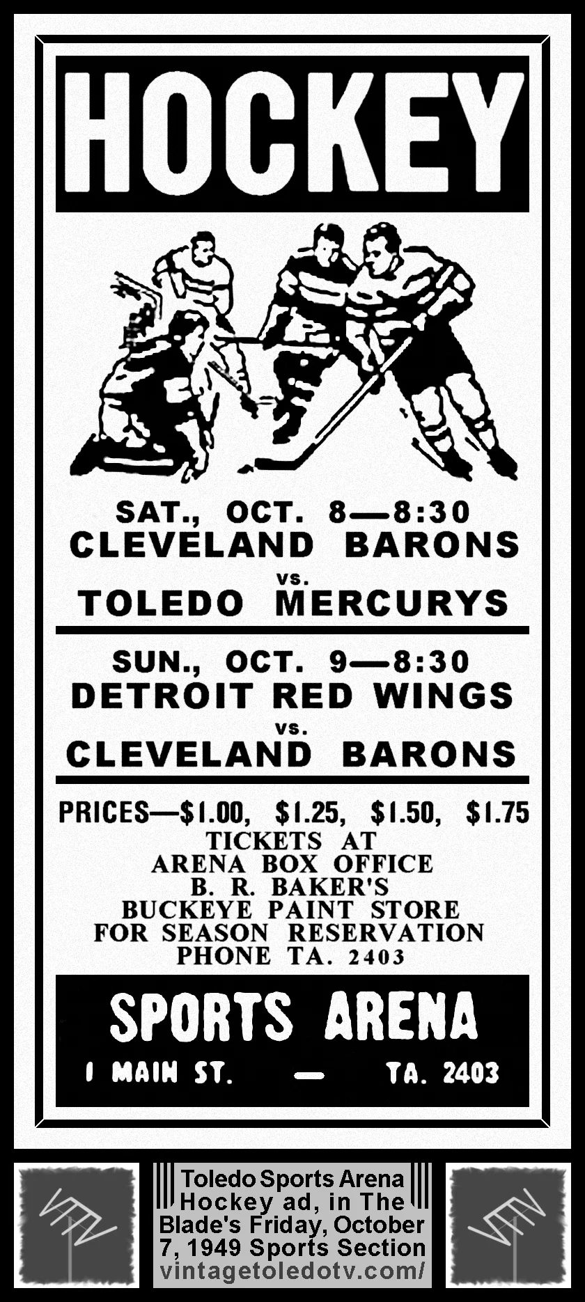 Hockey at Toledo Sports Arena (Friday, 10/7/49 ad in The Blade Sports Section