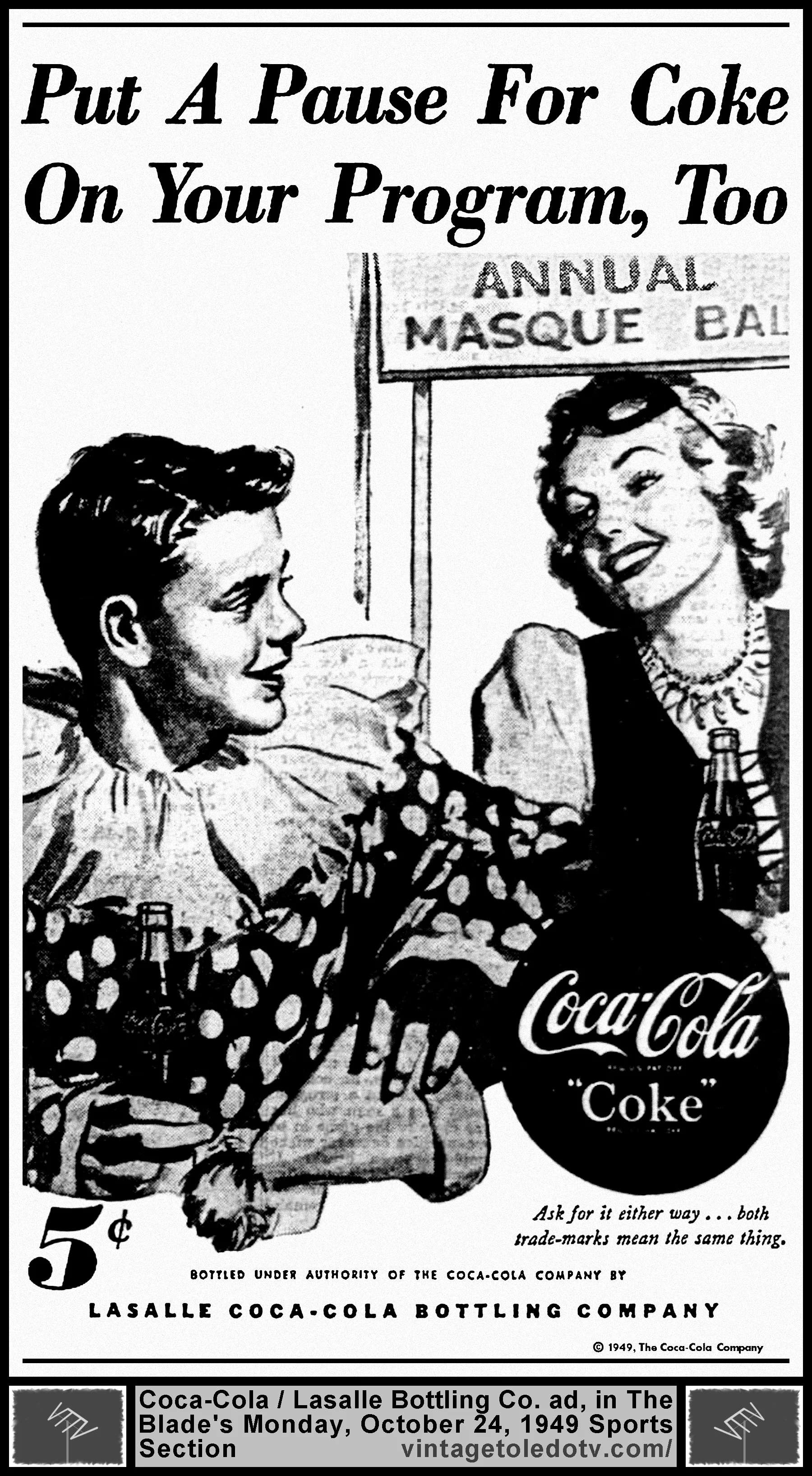 Put A Pause For Coke On Your Program, Too (Monday, 10/24/49 ad in The Blade Sports Section)