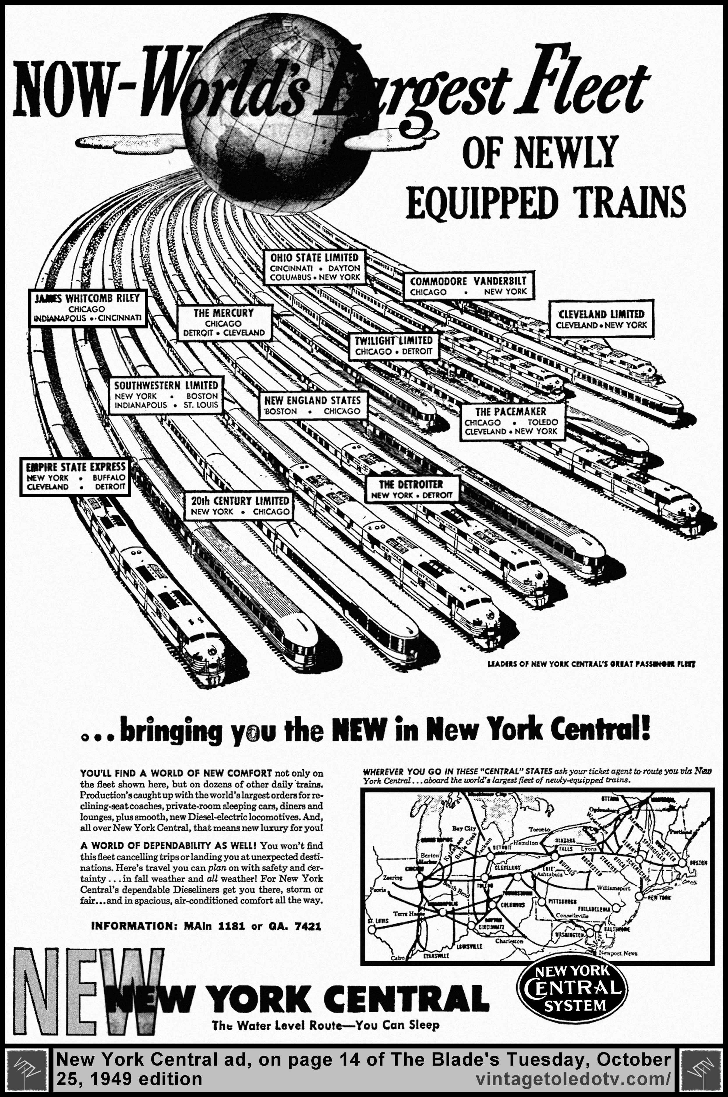 Now-World's Largest Fleet of Newly Equipped Trains...New York Central (Tuesday, 10/25/49 ad on page 14 of The Blade)