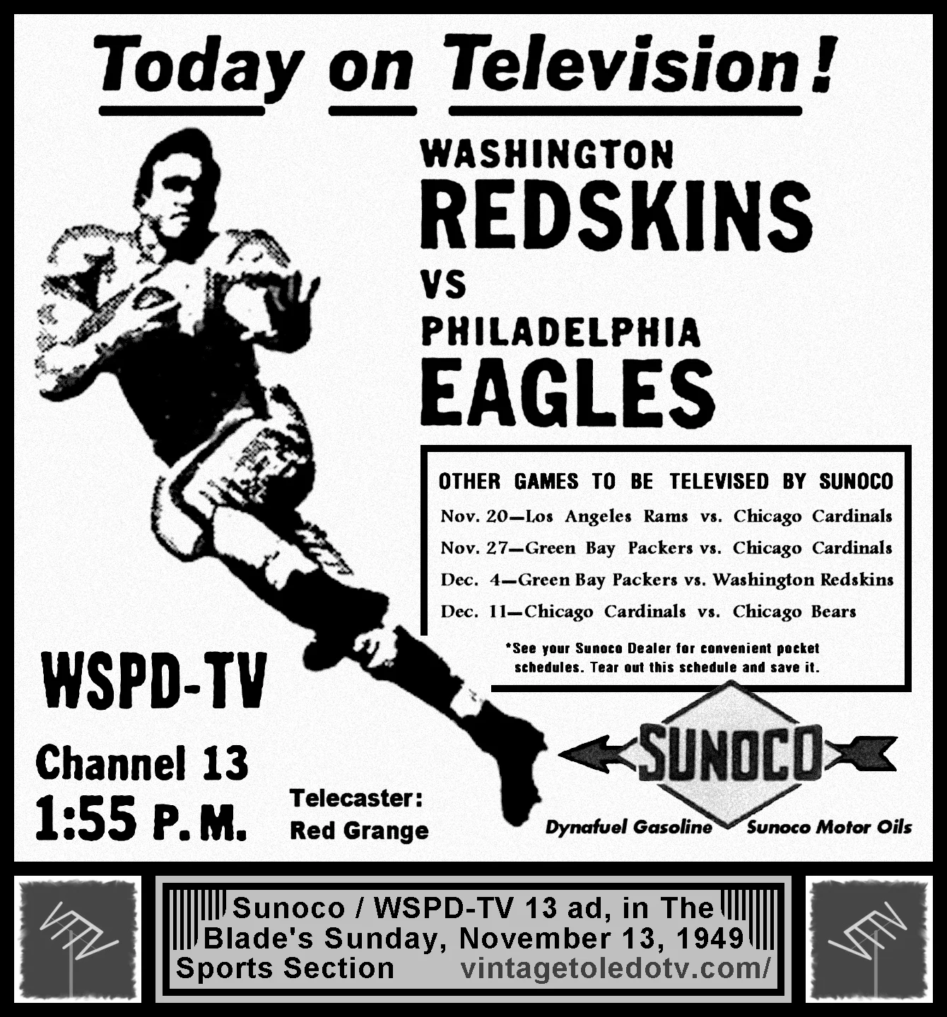 Washington Redskins vs. Philadelphia Eagles on WSPD-TV, Channel 13 (Sunday, 11/13/49 ad in The Blade Sports Section)