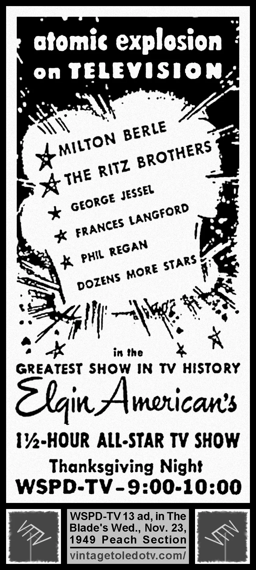 Thanksgiving Night: Elgin American's All-Star TV Show on WSPD-TV, Ch. 13 (Wednesday, 11/23/49 ad, in The Blade Peach Section