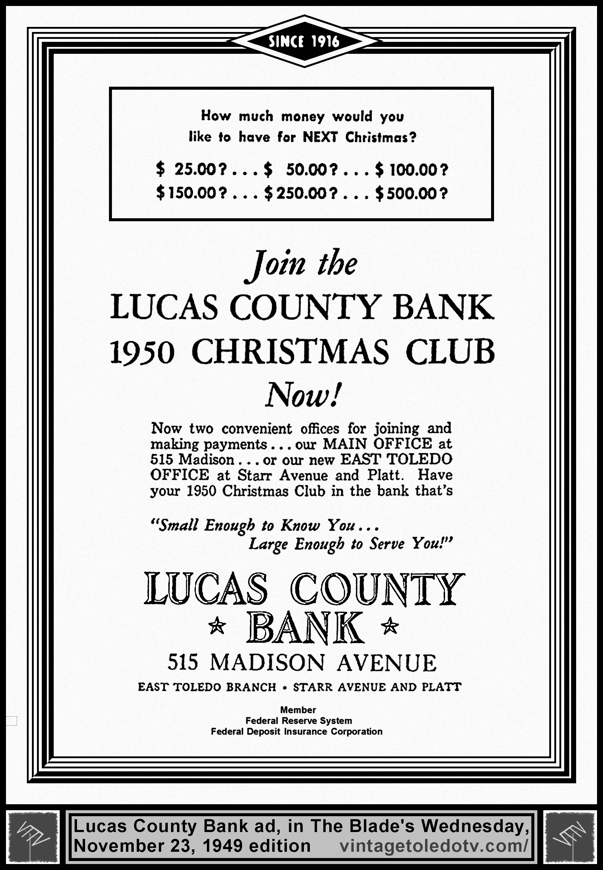 Lucas County Bank 1950 Christmas Club (Wednesday, 11/23/49 ad in The Blade)