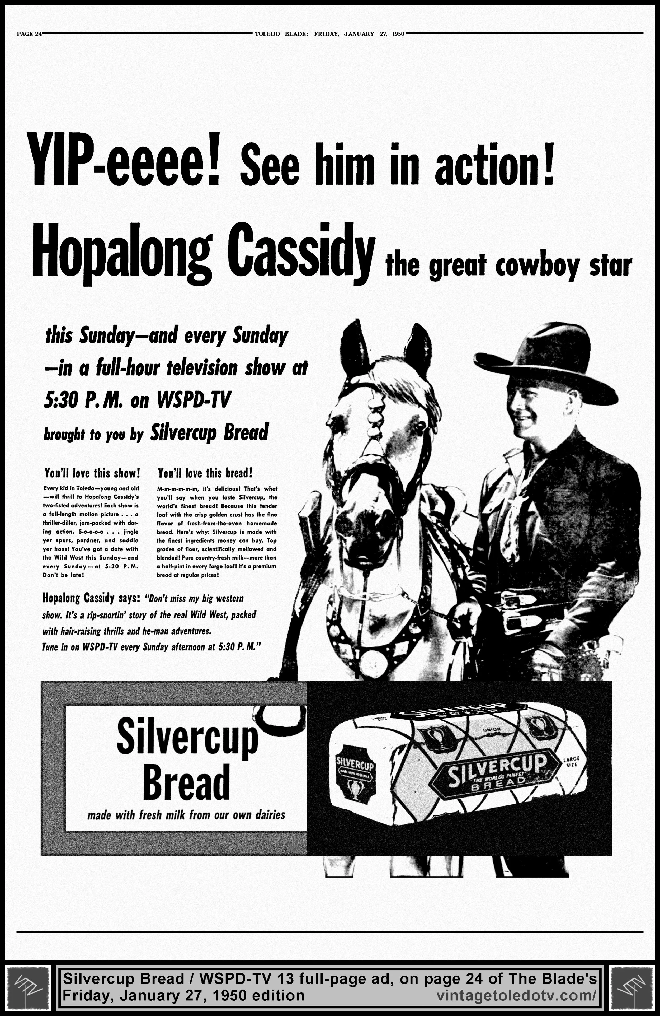 Hopalong Cassidy on WSPD-TV, Channel 13 (Friday, 1/27/50 full-page ad in The Blade)