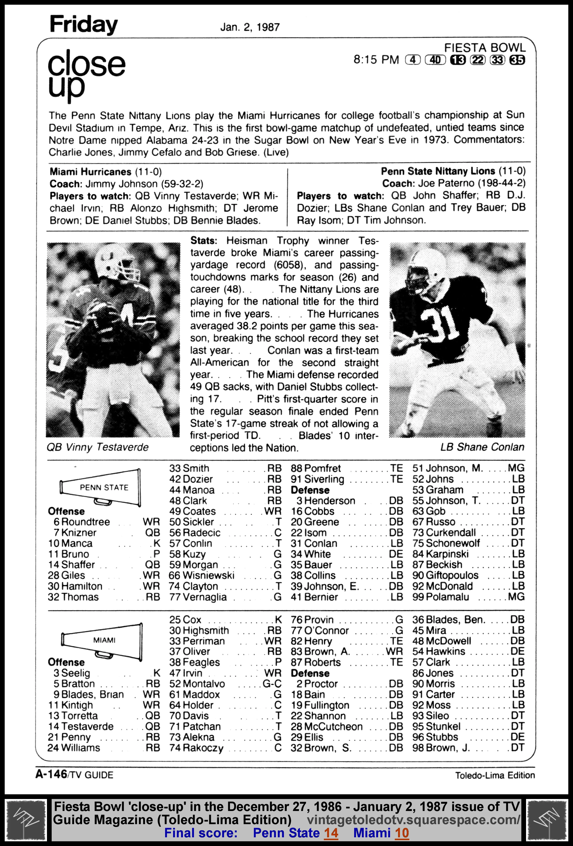 December 27, 1986-January 2, 1987 TV Guide Magazine (Toledo-Lima edition) page A-146 (Fiesta Bowl full-page close-up)