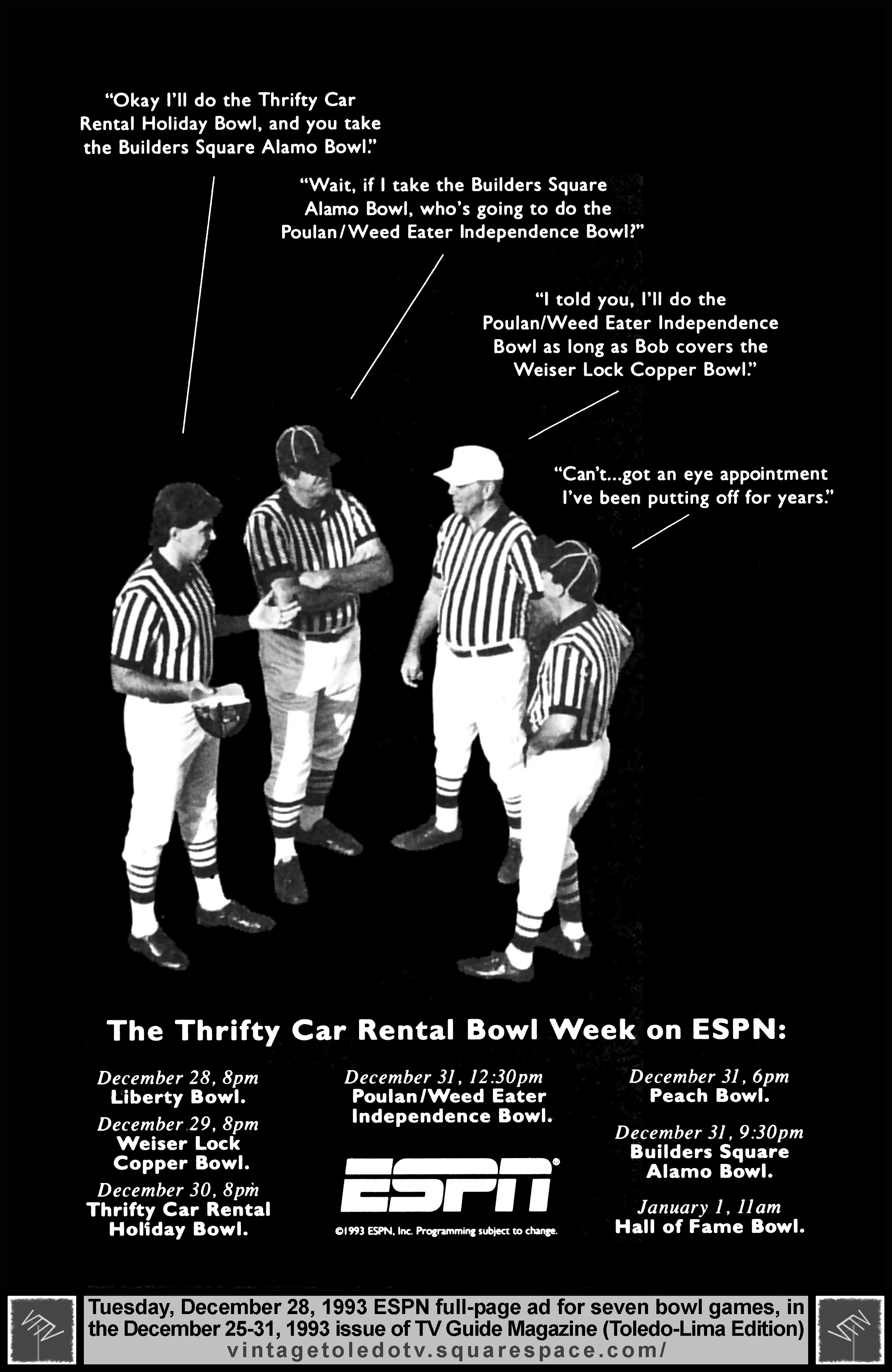 Thrifty Car Rental Bowl Week on ESPN (Tuesday, 12/28/93 full-page ad in TV Guide Magazine)