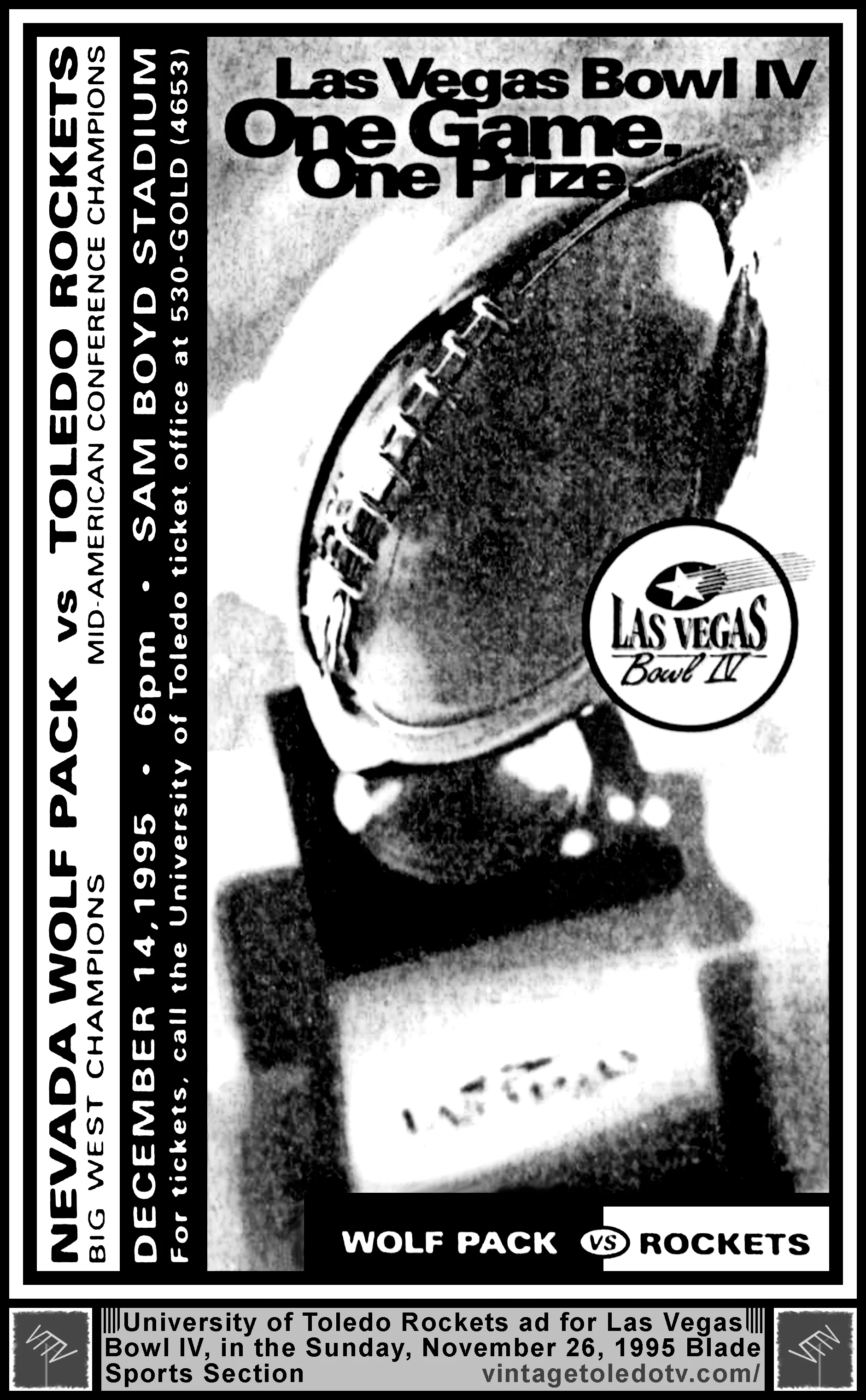 Las Vegas Bowl Tickets: Toledo vs. Nevada (Sunday, 11/26/95 ad in The Blade Sports Section)
