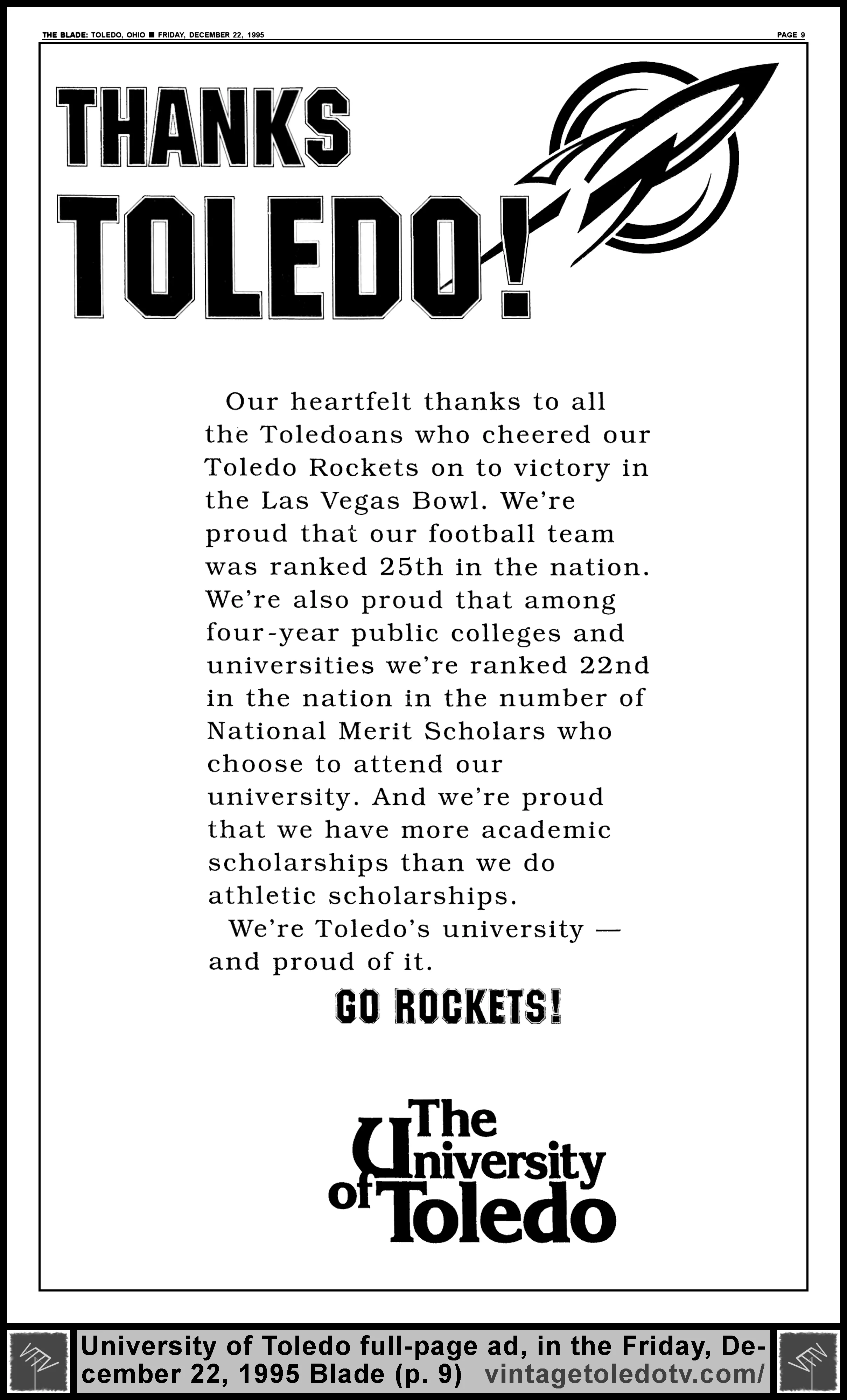 Thanks Toledo!...Go Rockets!, The University of Toledo (Friday, 12/22/95 full-page ad in The Blade)