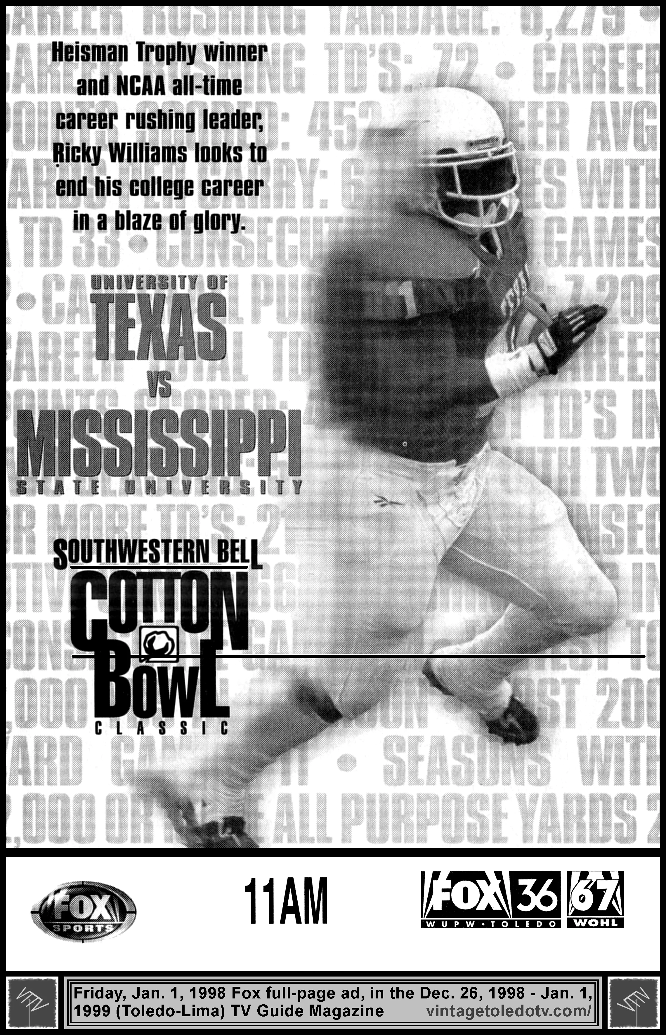 Cotton Bowl: Texas vs. Mississippi, on FOX / WUPW-TV 36 (Friday, 1/1/98 full-page ad in TV Guide Magazine)