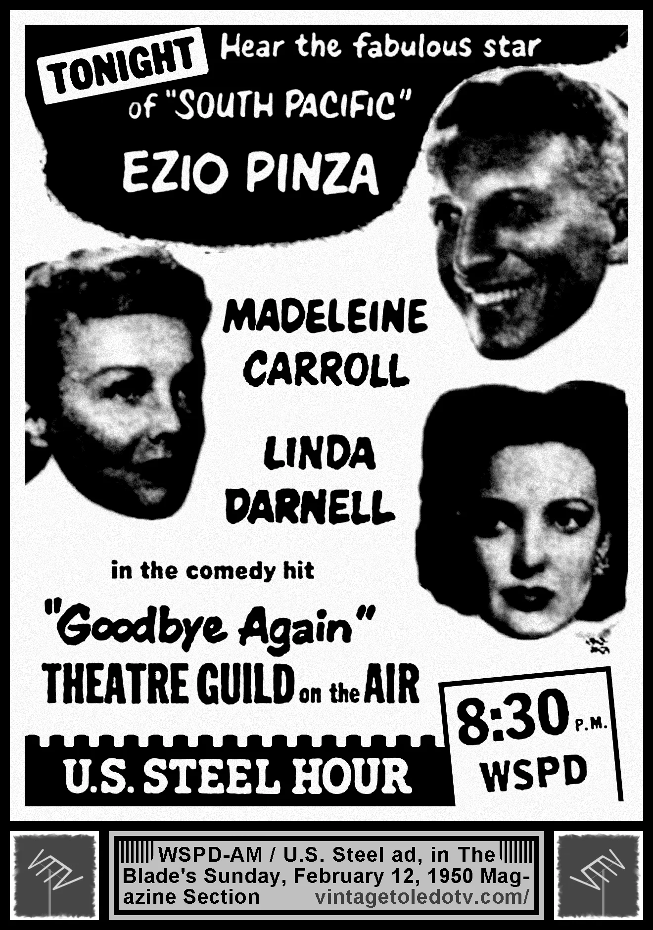 Theatre Guild on the Air "Goodbye Again" on WSPD-AM (Sunday, 2/12/50 ad in The Blade Magazine Section)